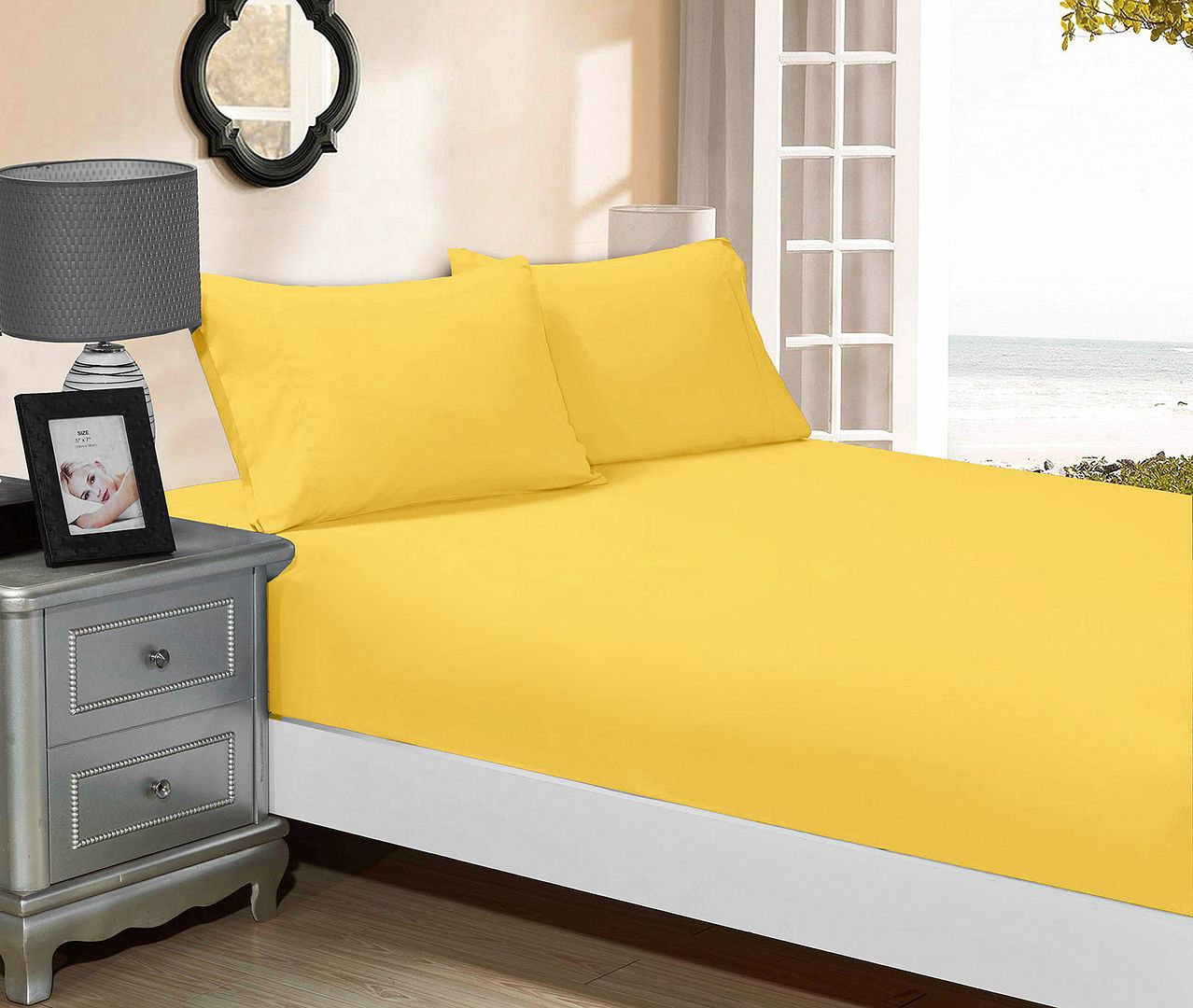 V493-AKF-21-88370-00 1000TC Ultra Soft Fitted Sheet & 2 Pillowcases Set - King Size Bed - Yellow - Image 1