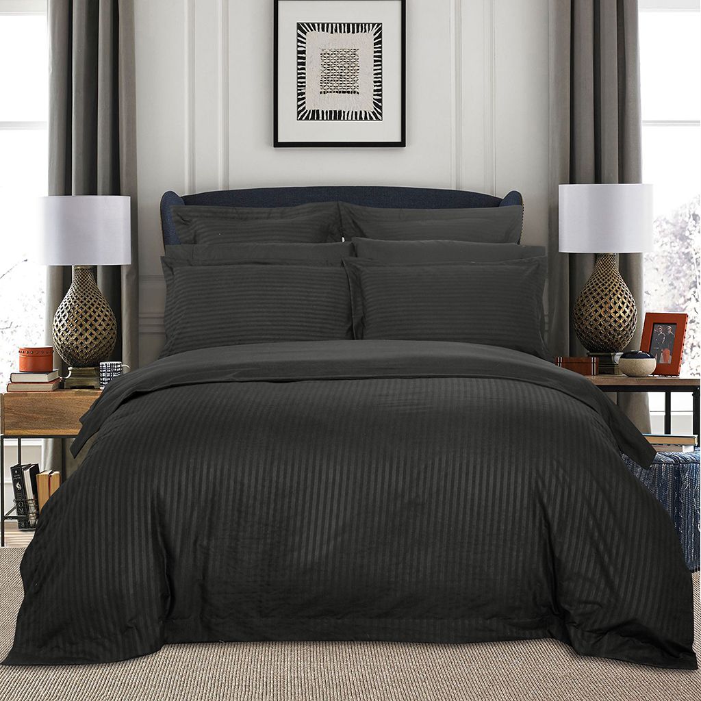 V493-NSK-11-88263-00 1000TC Ultra Soft Striped Super King Size Charcoal Duvet Quilt Cover Set - Image 1
