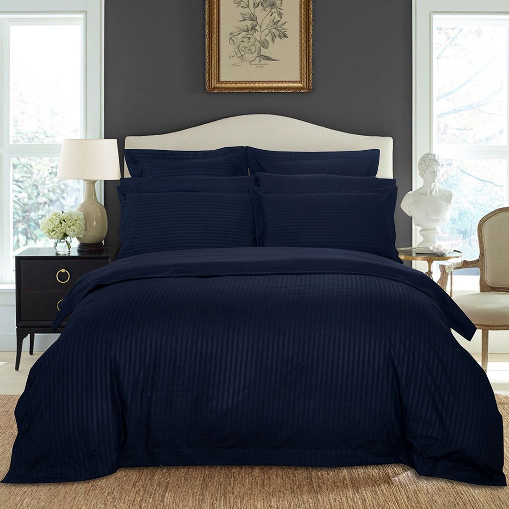 V493-NSK-12-88260-00 1000TC Ultra Soft Striped Super King Size Midnight Blue Duvet Quilt Cover Set - Image 1