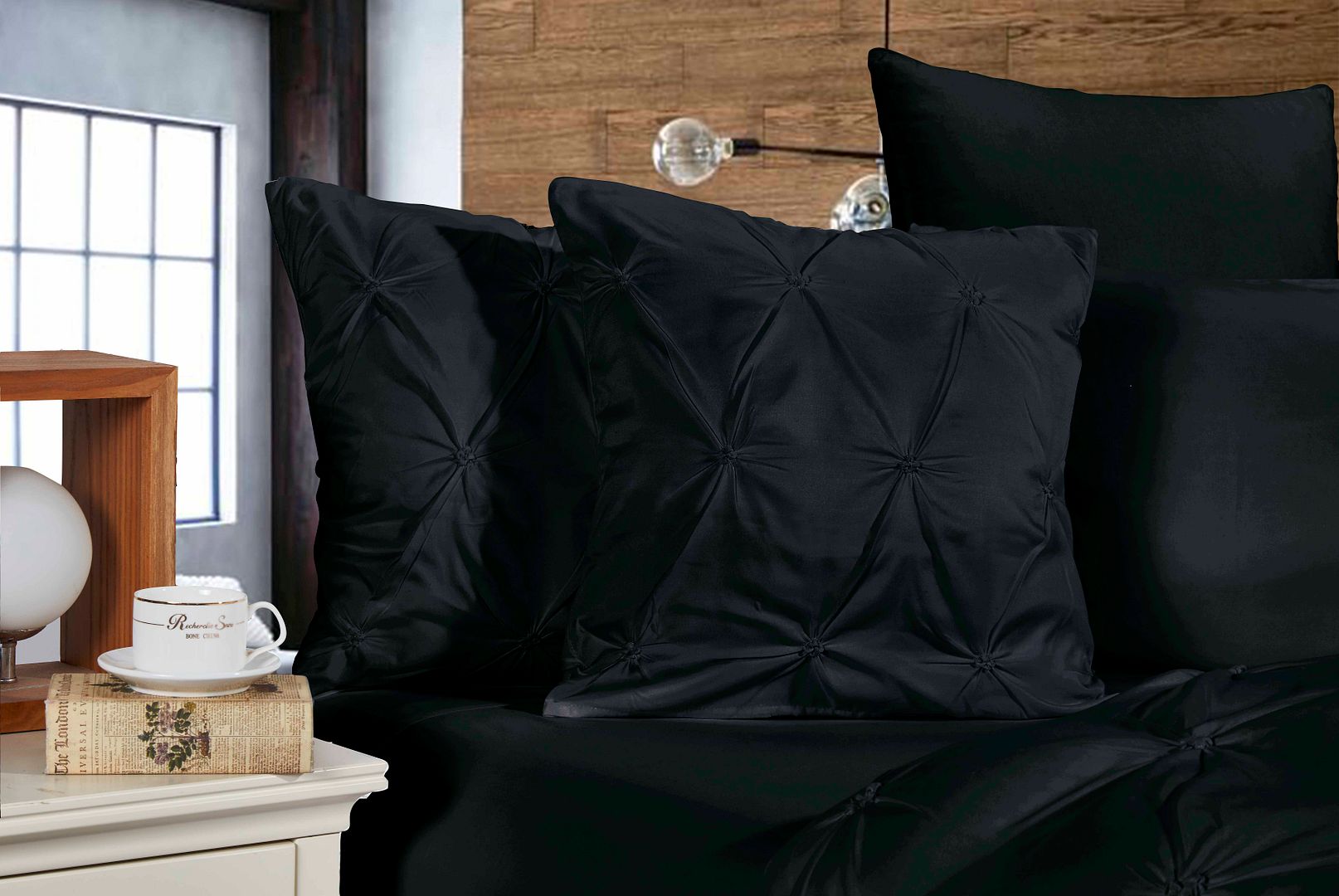 V493-ZCC-5-88605-00 Diamond Pintuck Premium Ultra Soft Cushion Covers 2-Pack - Black - Image 1