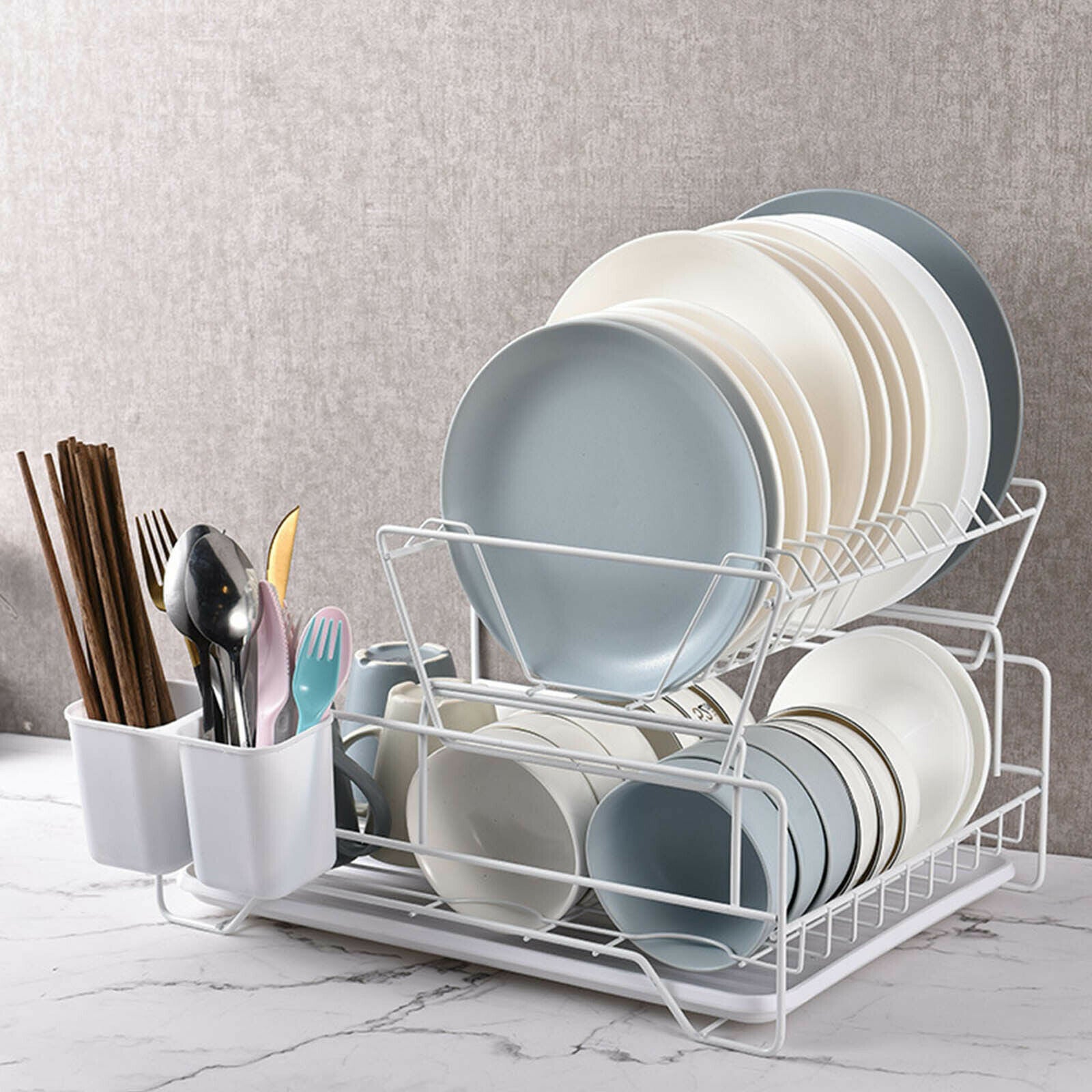 V498-2TIERSHELFWH-95121-02 2 Tier Dish Drainer with Cutlery Holder White - Image 1
