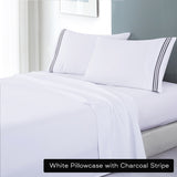 V517-EBMF1000-S-WCHA-94671-00 soft microfibre embroidered stripe sheet set single white pillowcase charcoal stripe - Image 1