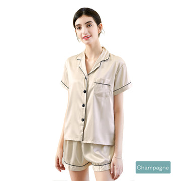 V517-PJSHORT-L-CHAM-94696-00 2pc satin short women pajamas set large champagne - Image 1