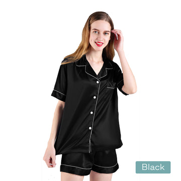 V517-PJSHORT-M-BK-94614-00 2pc satin short women pajamas set medium black - Image 1