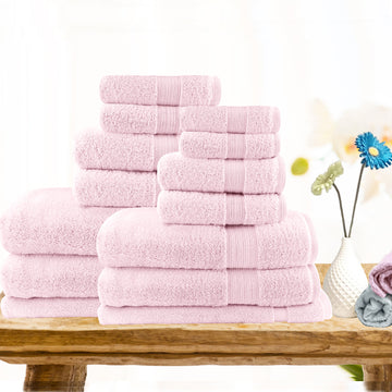 V517-ST14PC-BP-94722-00 14pc light weight soft cotton bath towel set baby pink - Image 1
