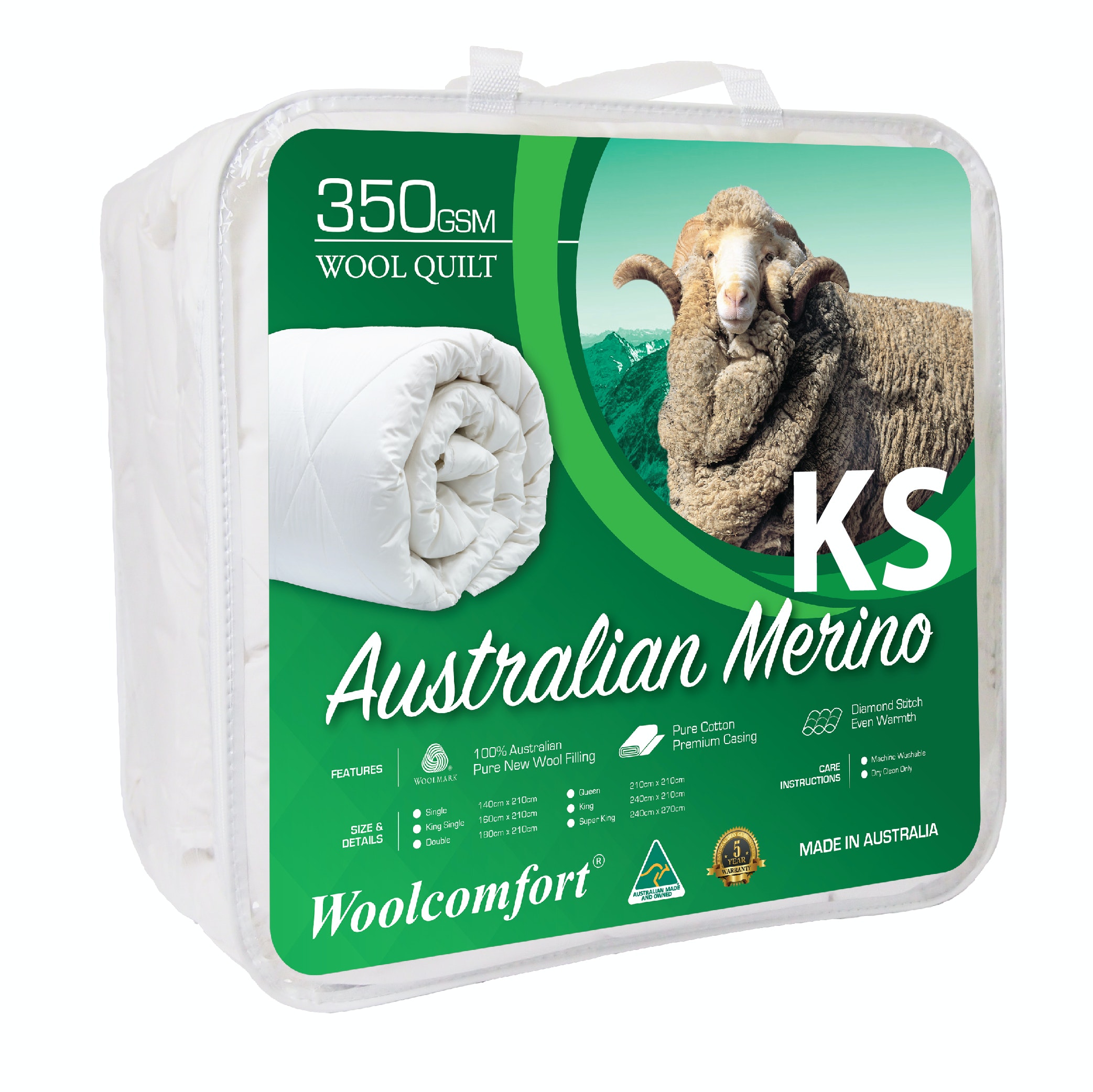 V535-JAPARA-WQ-350G-KS-90037-00 Woolcomfort Aus Made Merino Wool Quilt 350GSM 160x210cm King Single Size - Image 1