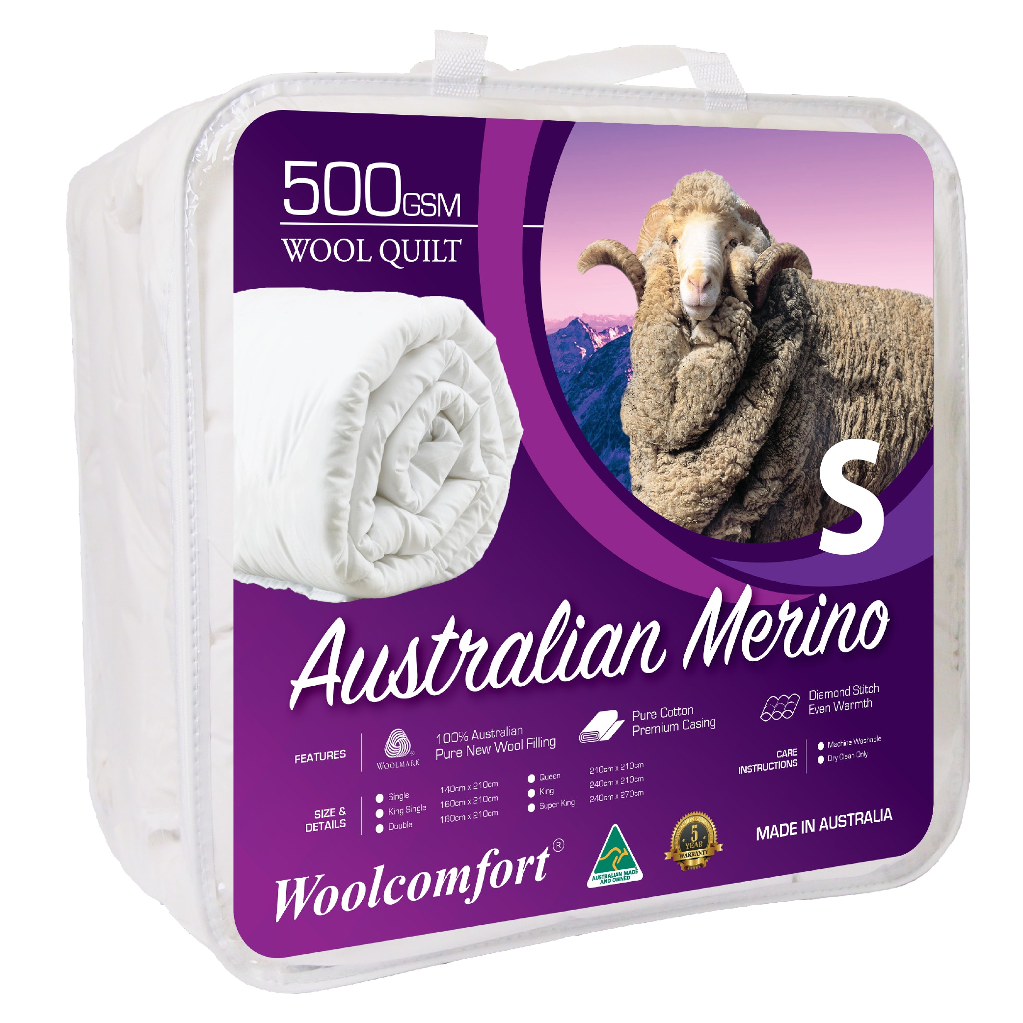 V535-JAPARA-WQ-500G-S-90032-00 Woolcomfort Aus Made Merino Wool Quilt 500GSM 140x210cm Single Size - Image 1