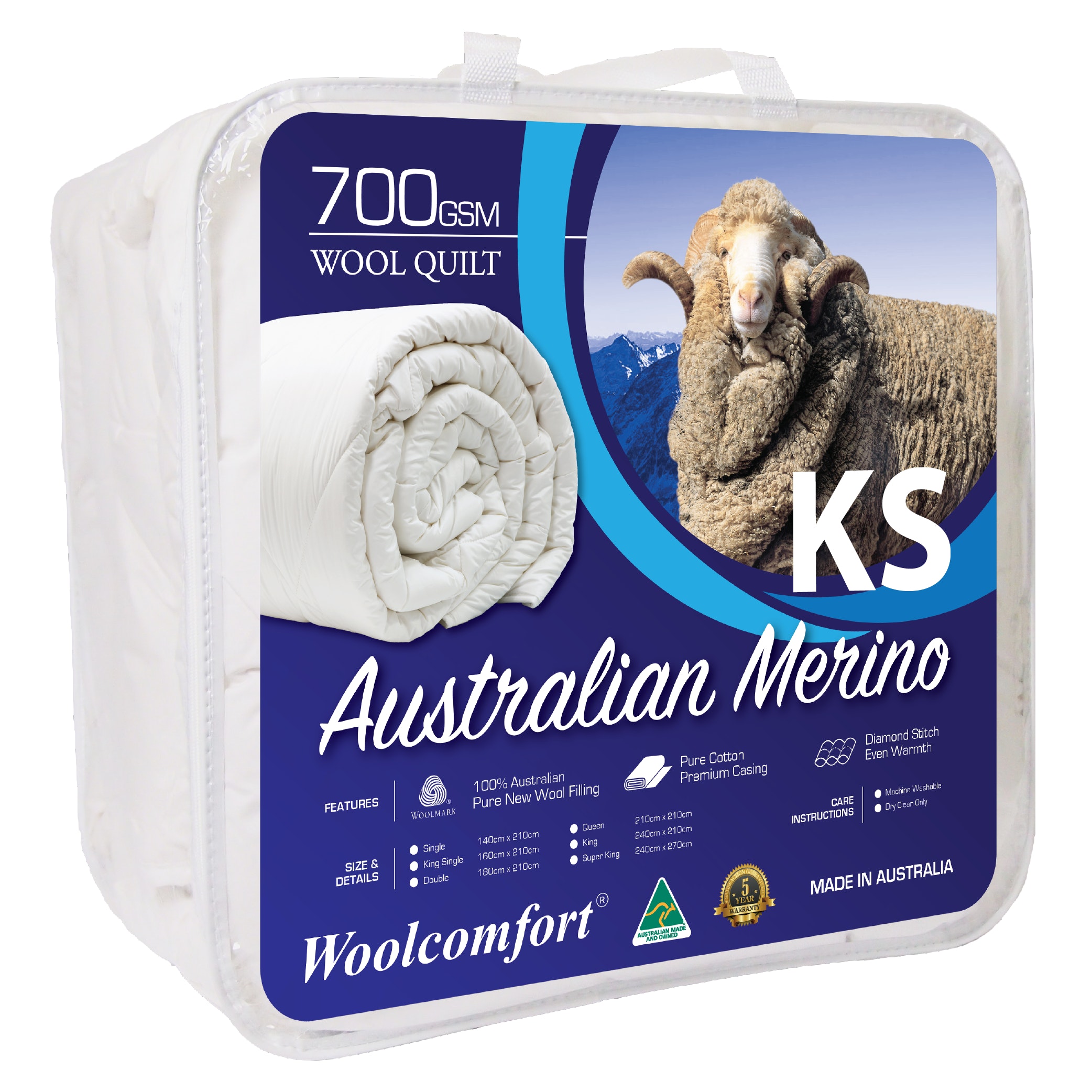 V535-JAPARA-WQ-700G-KS-90025-00 Woolcomfort Aus Made Merino Wool Quilt 700GSM 160x210cm King Single Size - Image 1