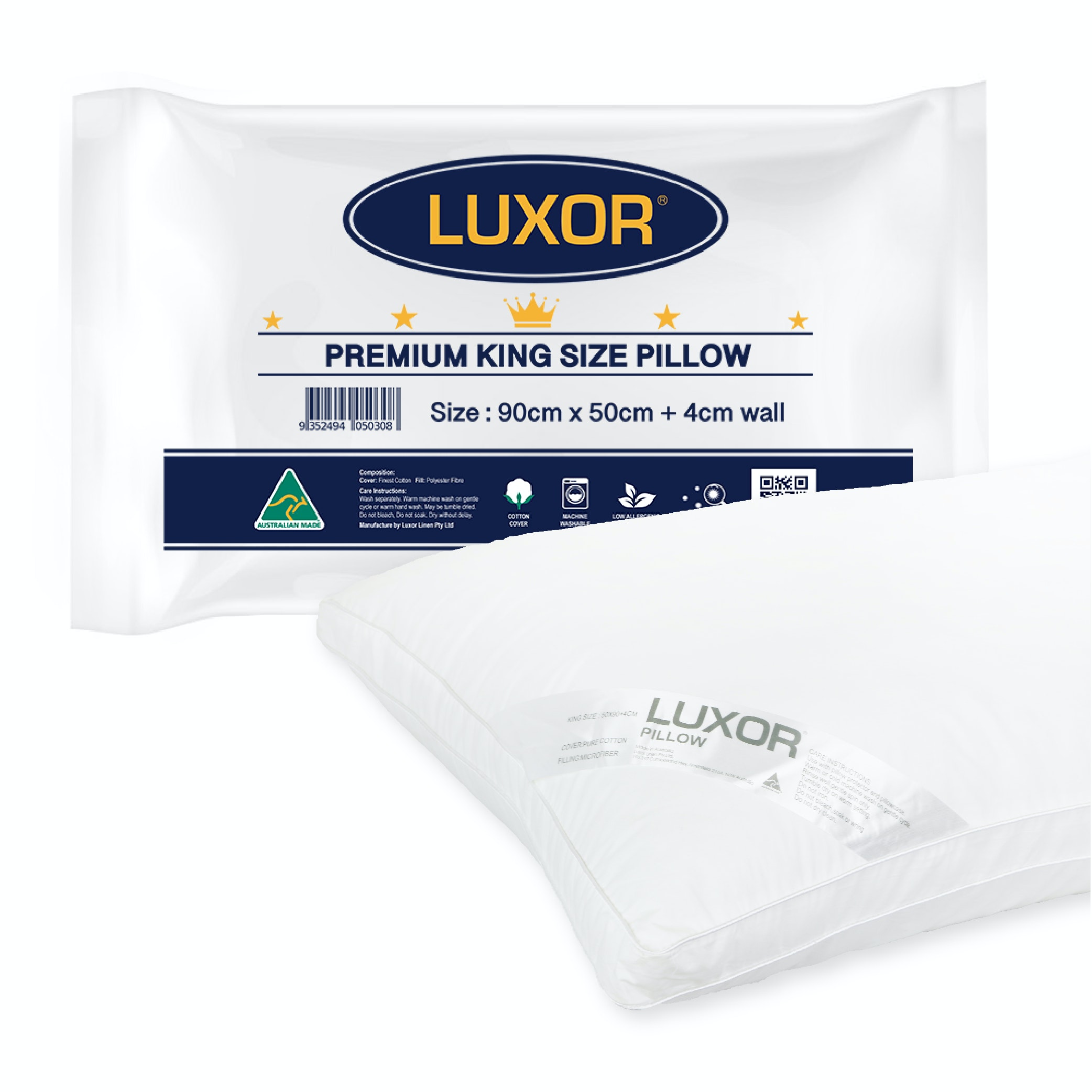 V535-KING-PILLOW-4CM-90002-00 Luxor Australian Made Hotel King Size Pillow with 4cm Wall Single Pack - Image 1