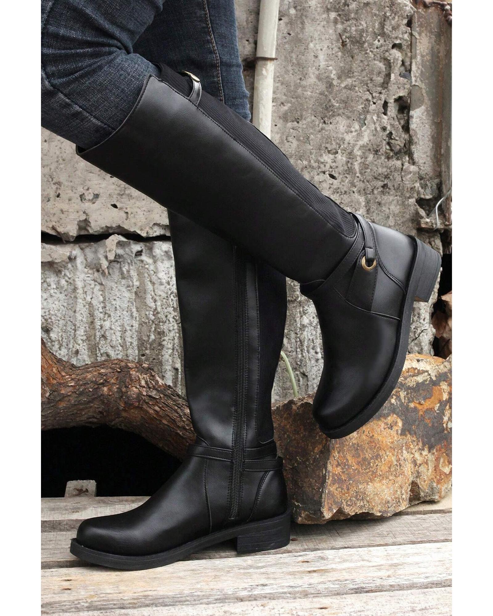 V539-AZEXBH022031-P2-37-202506111745-00 Black Side Zipper Knee High Chunky Low Heel Boots - 37 EU - Image 1