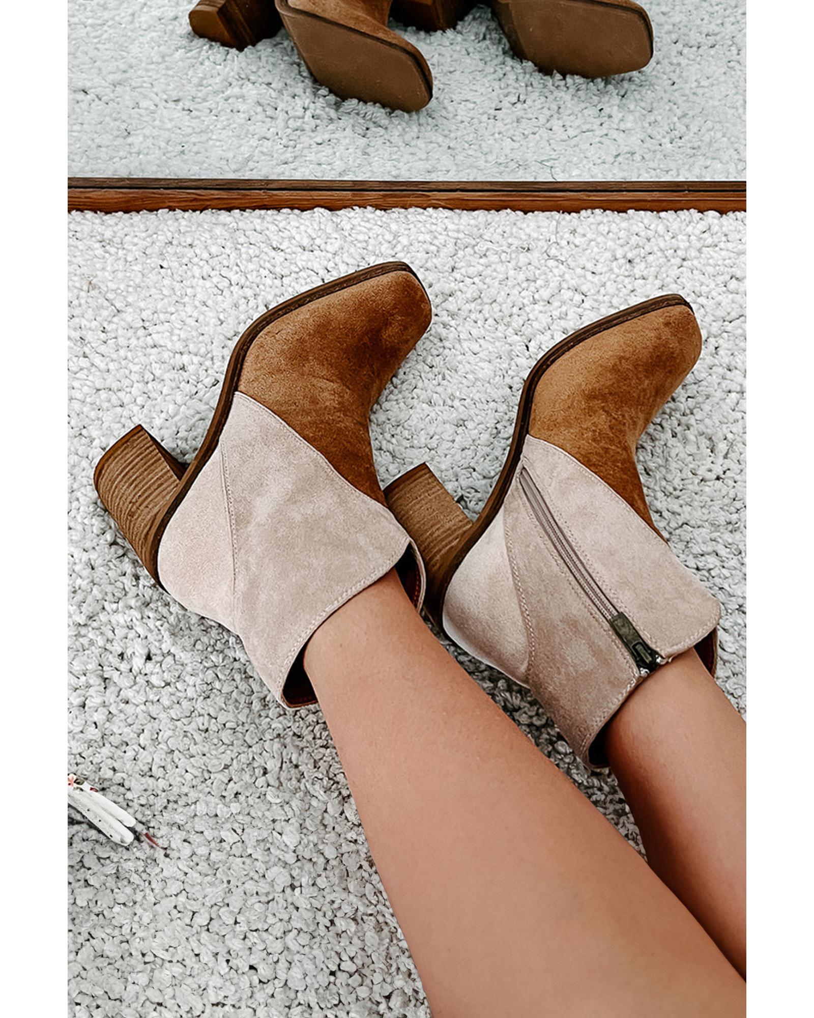 V539-AZEXBH023085-P1016-39-202508270545-00 Camel Two Tone Faux Suede Square Toe Chunky Heel Boots - 39 EU - Image 1