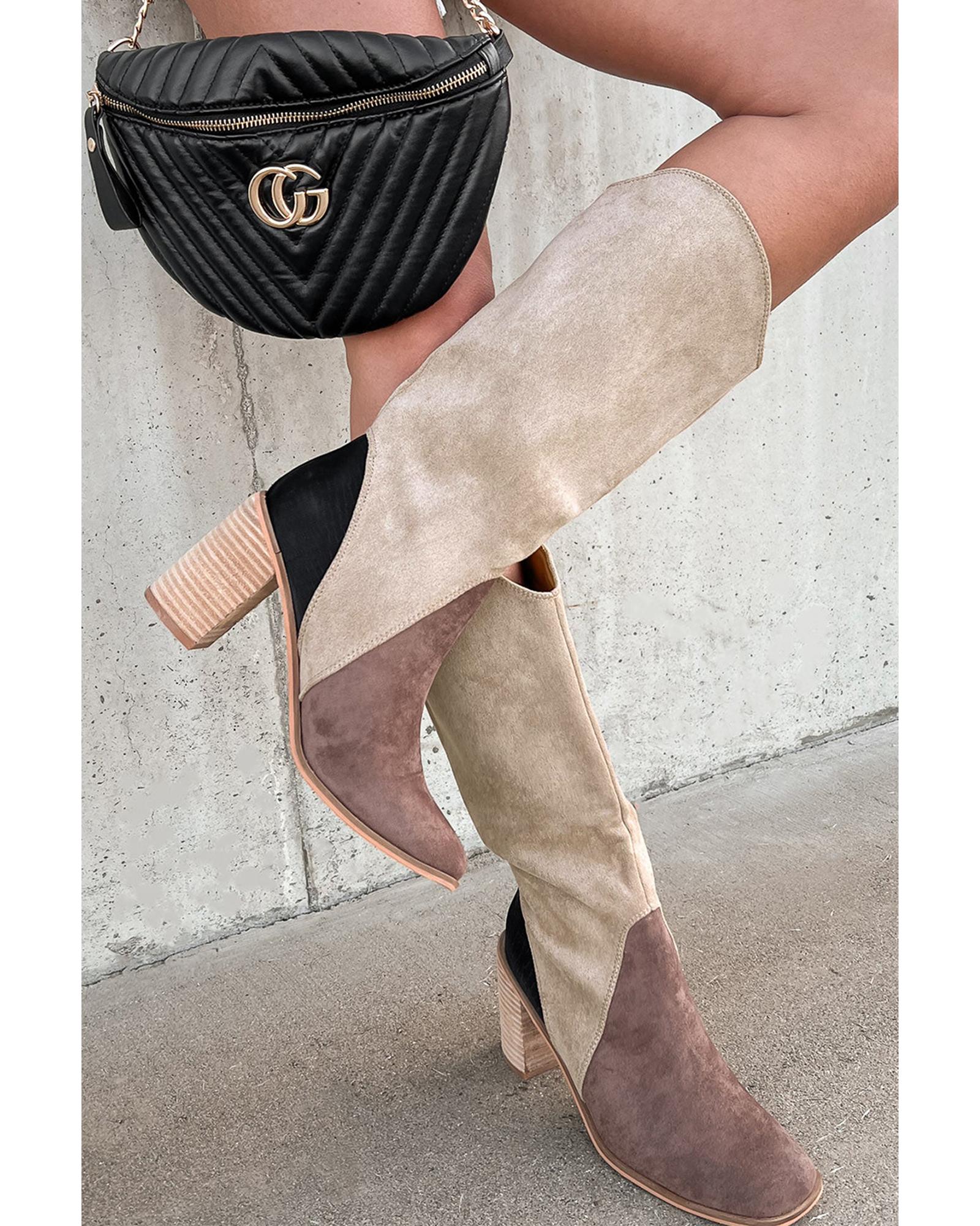 V539-AZEXBH023337-P1017-37-202506111920-00 Coffee Suede Calf Length Chunky Heel Boots - 37 EU - Image 1