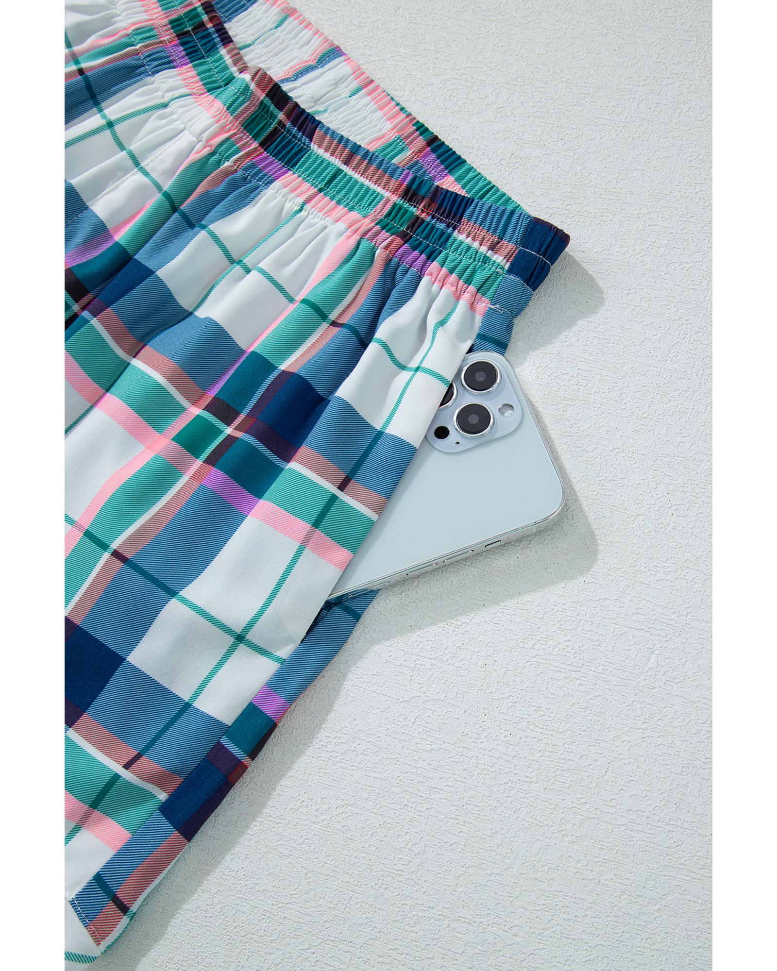 V539-AZEXDC151028-P520-M-202508272010-00 Blue Plaid Print Shirt and Shorts 2Pcs Lounge Set - M - Image 1