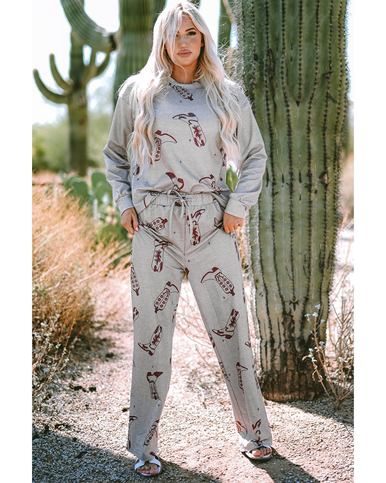 V539-AZEXDC151037-P1720-XL-202506112117-00 Gray Cowgirl Boots Printed Long Sleeve Top Pants Lounge Set - XL - Image 1