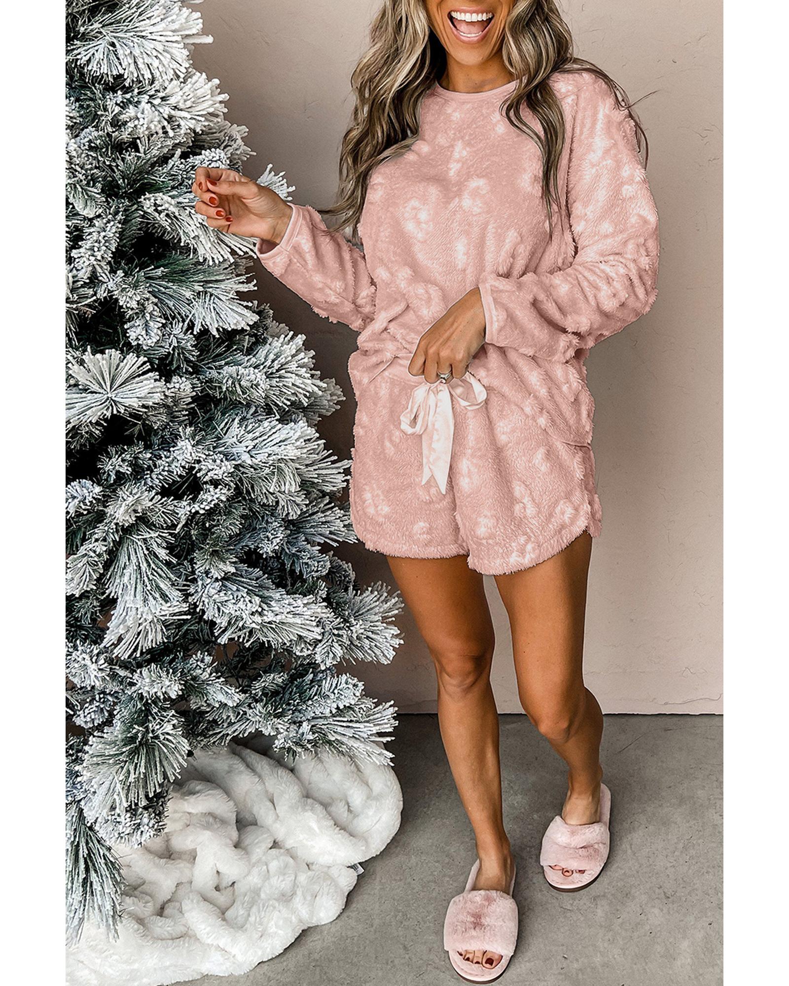 V539-AZEXDC151054-P1010-L-202508271925-00 Light Pink Textured Leopard Fleece Loose Two Piece Lounge Set - L - Image 1