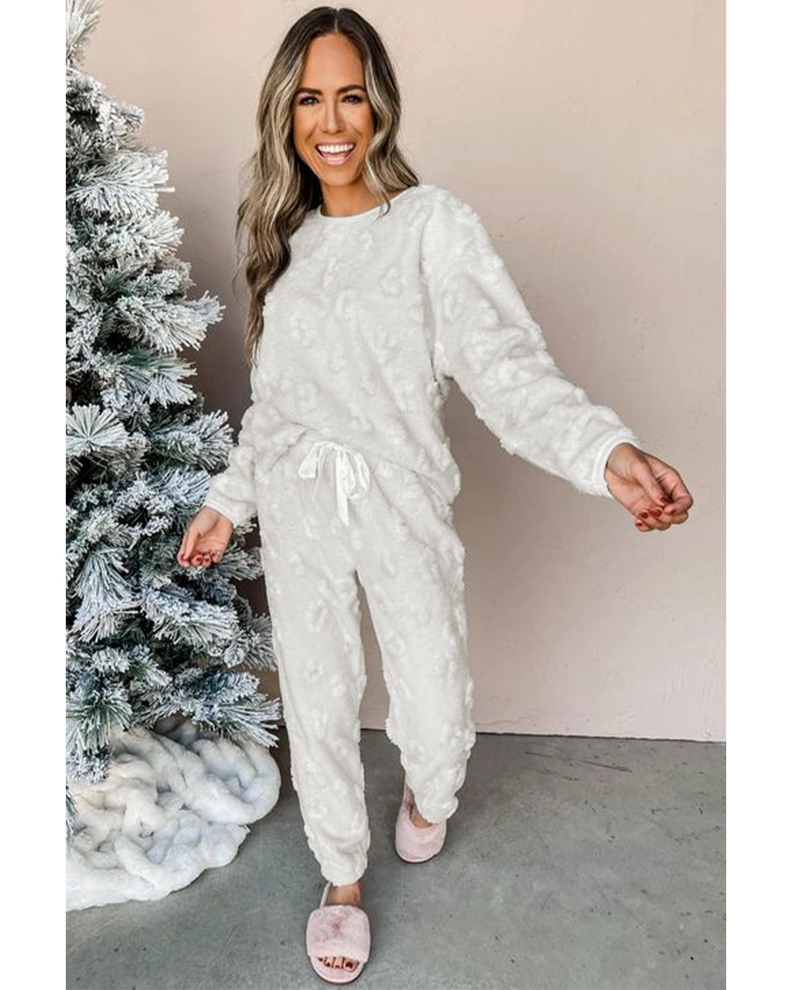 V539-AZEXDC151055-P1011-L-202508271030-00 Light Grey Leopard Textured Loose Fit Fleece Lounge Set - L - Image 1