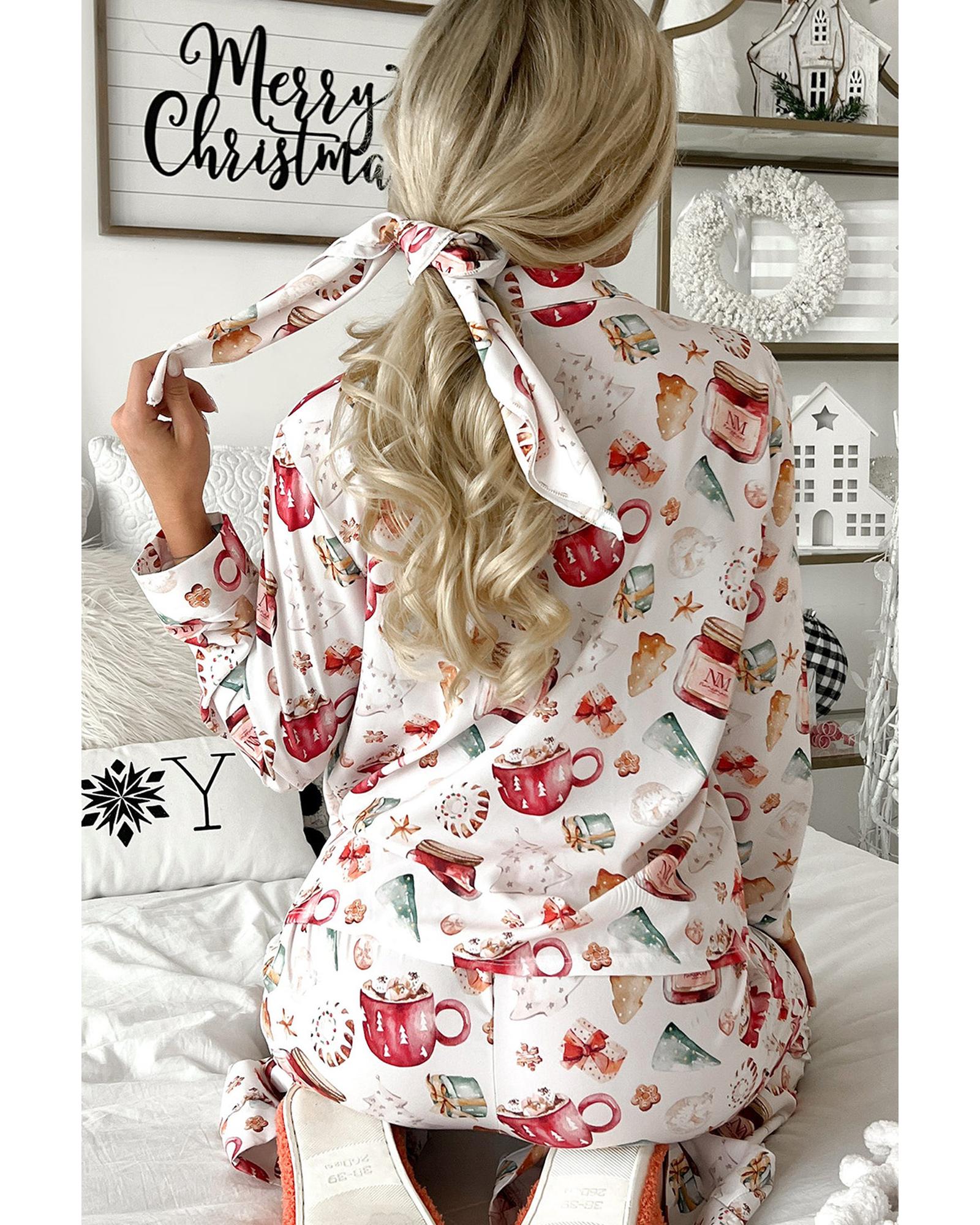 V539-AZEXDC151058-P1-S-202506112216-00 White Christmas Pattern Long Sleeve Shirt and Pants Pajama Set - S - Image 1