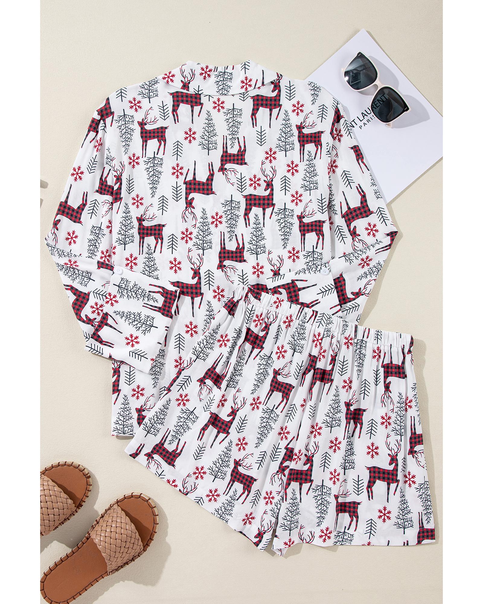 V539-AZEXDC151059-P1-M-202508270610-00 White Christmas Deer Printed Shirt and Shorts Lounge Set - M - Image 1