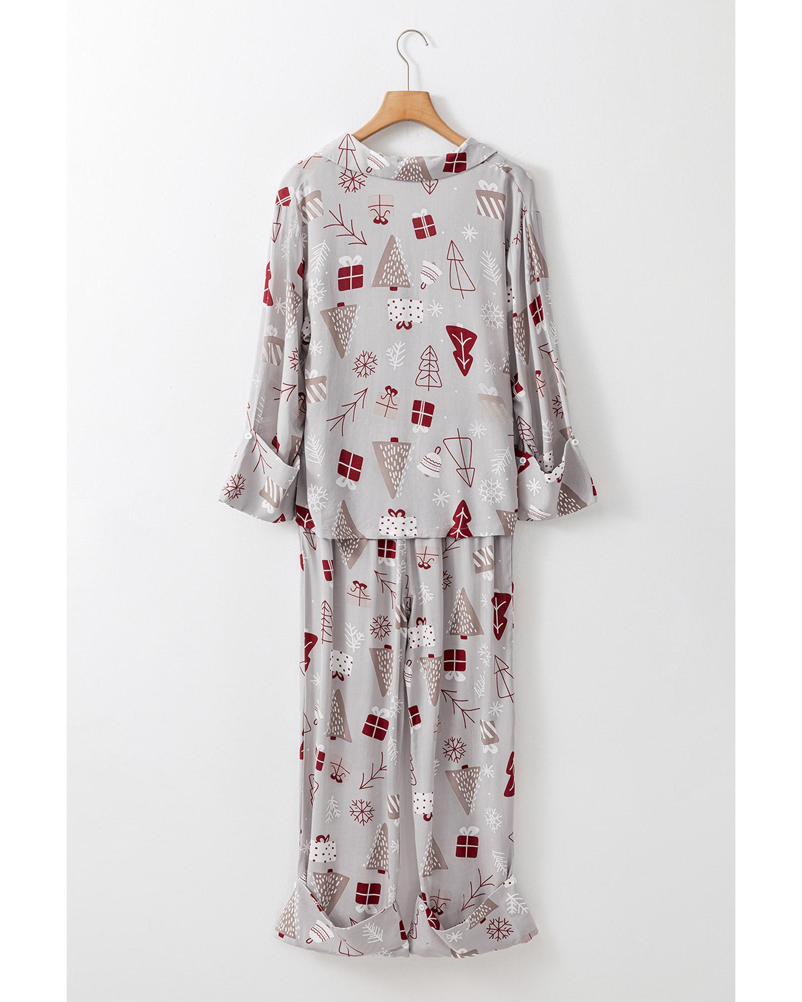 V539-AZEXDC151060-P1011-S-202506112226-00 Light Grey Christmas Printed Shirt and Pants Pajama Set - S - Image 1