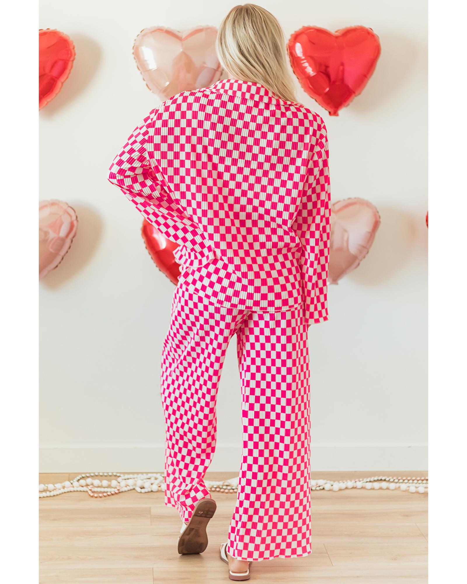 V539-AZEXDC151111-P1020-S-202506120010-00 Pink Checkered Buttoned Shirt and High Waist Pants Pajama Set - S - Image 1