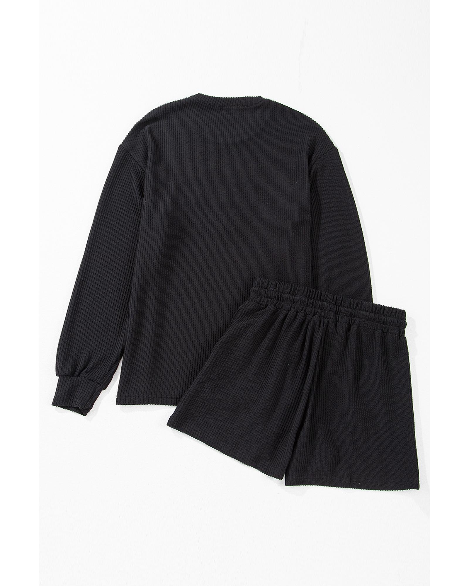 V539-AZEXDC151125-P2-S-202506120016-00 Black Corded MERRY Graphic Long Sleeve Top and Shorts Set - S - Image 1