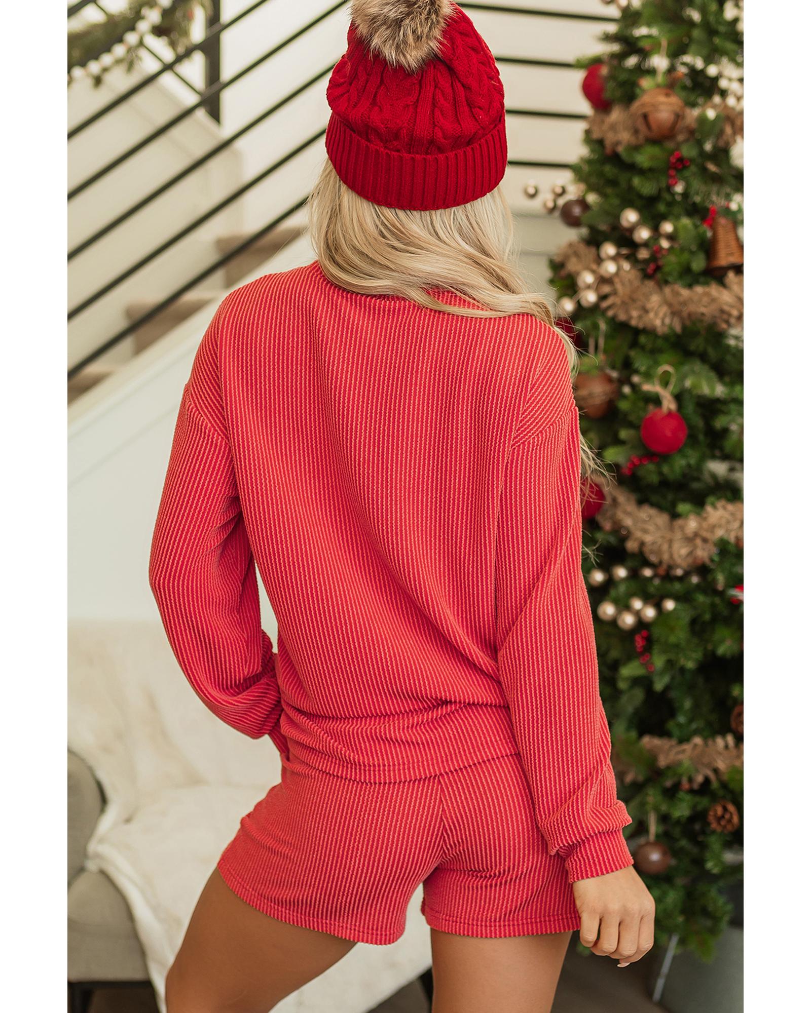 V539-AZEXDC151125-P603-L-202508270750-00 Racing Red Corded MERRY Graphic Long Sleeve Top and Shorts Set - L - Image 1