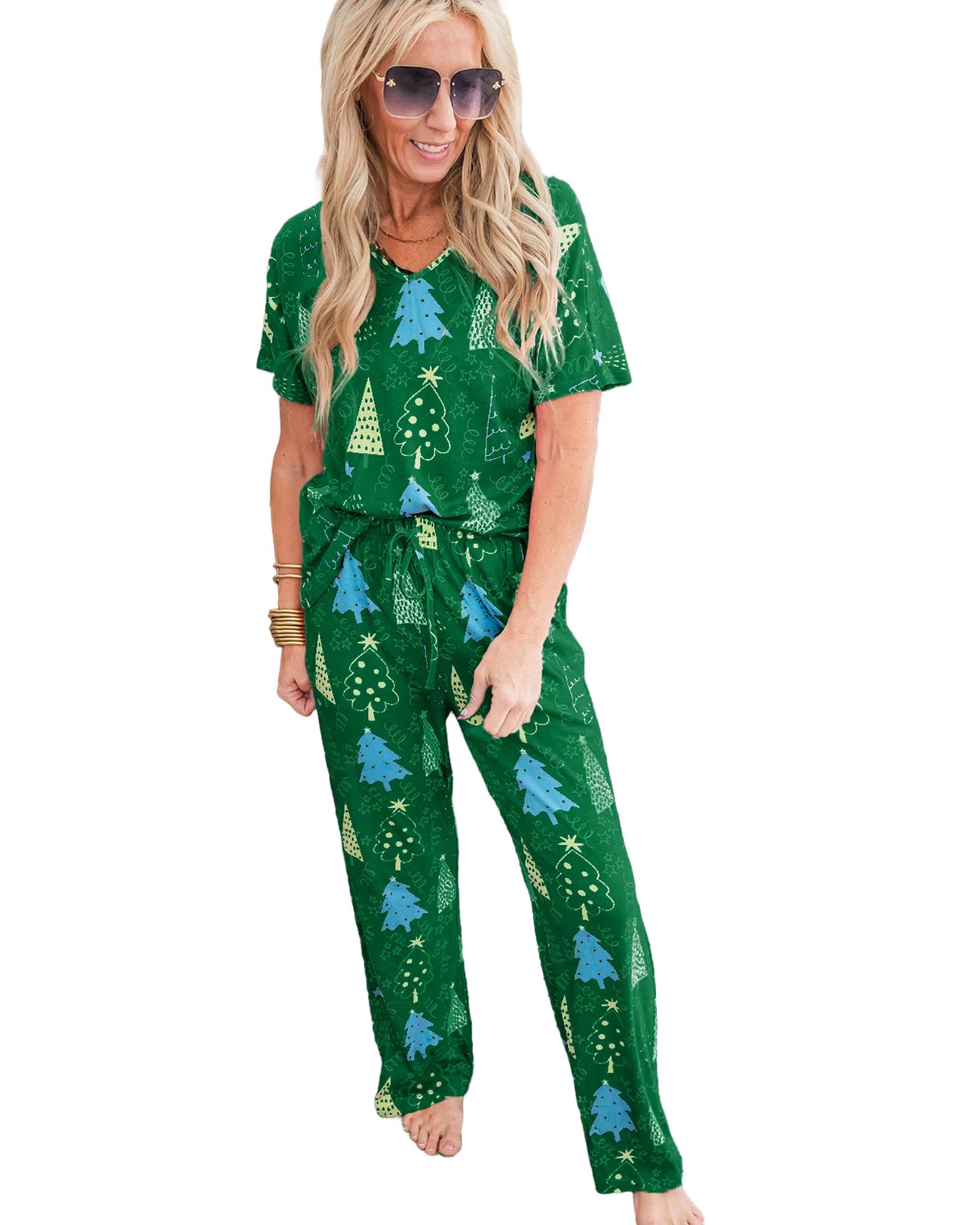 V539-AZEXDC151137-P920-2XL-202508271855-00 Green Christmas Tree Print V Neck Tee and Pants Lounge Set - 2XL - Image 1