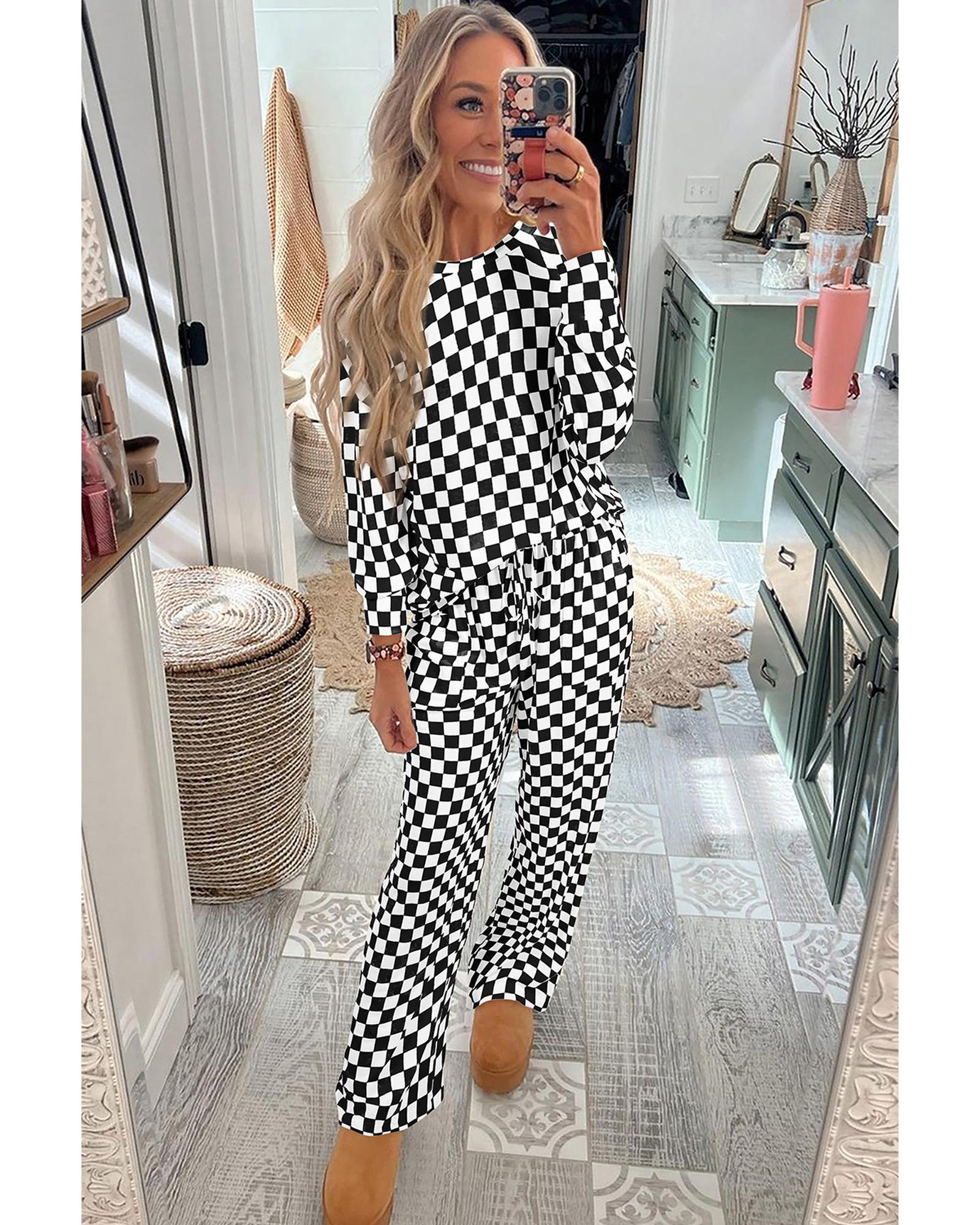 V539-AZEXDC151141-P220-S-202506120112-00 Black Checkered Print Long Sleeve Top and Pants Lounge Set - S - Image 1