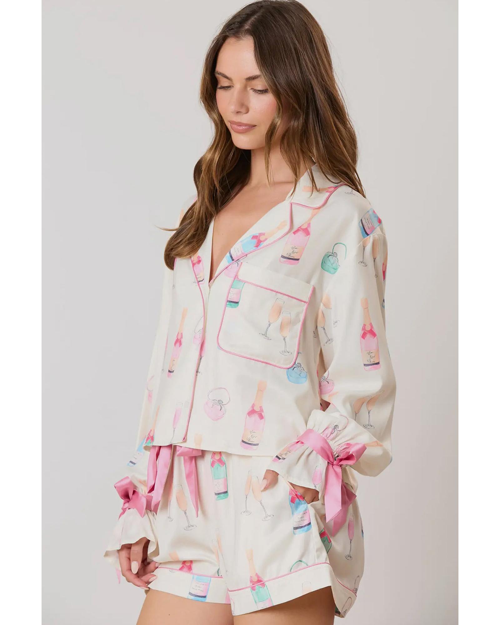 V539-AZEXDC151149-P120-S-202508271920-00 Azura Exchange White Christmas Wine Glass Print Bow Knot Two Piece Pajama Set - S - Image 1