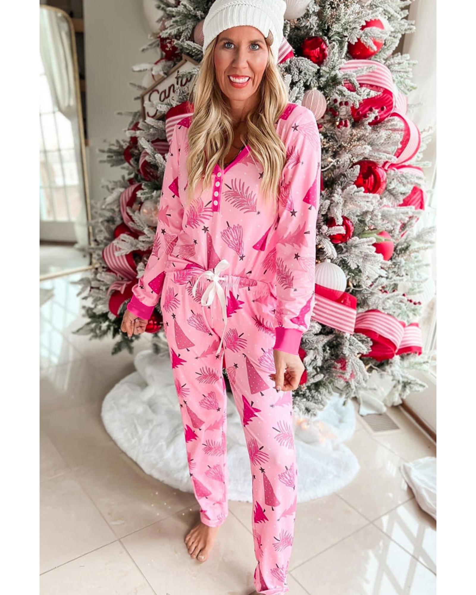 V539-AZEXDC151162-P1020-XL-202506120146-00 Pink Christmas Tree Print V Neck Buttoned Pullover and Drawstring Pants Lounge Set - XL - Image 1