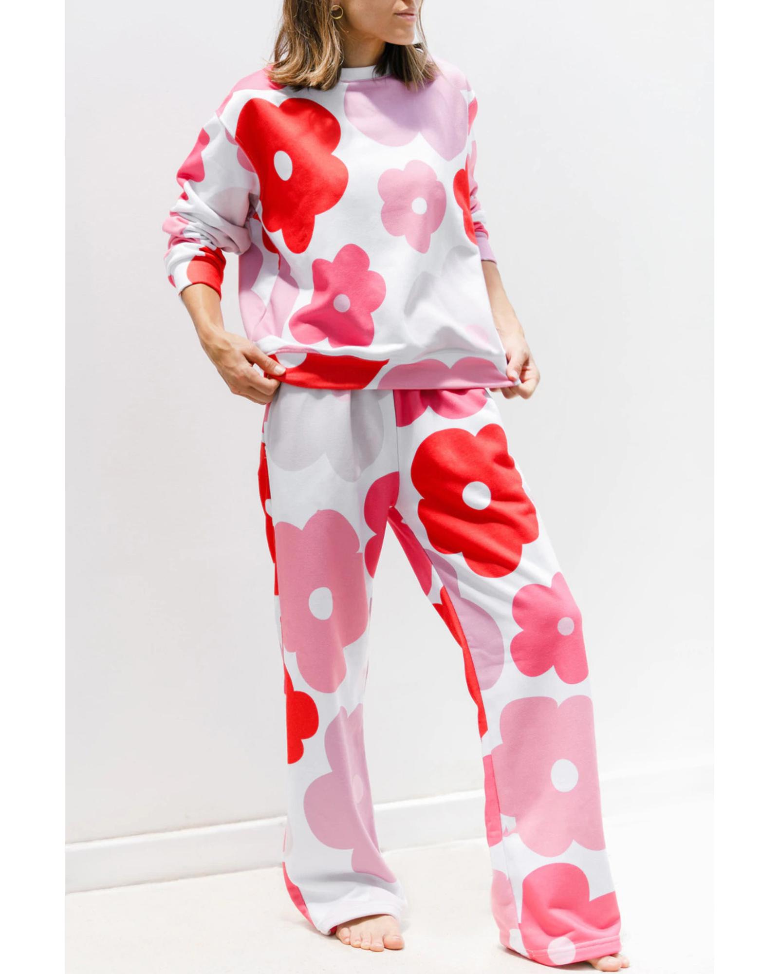 V539-AZEXDC151251-P120-S-202506111942-00 White Floral Print Pullover Top Sweatpants Lounge Set - S - Image 1