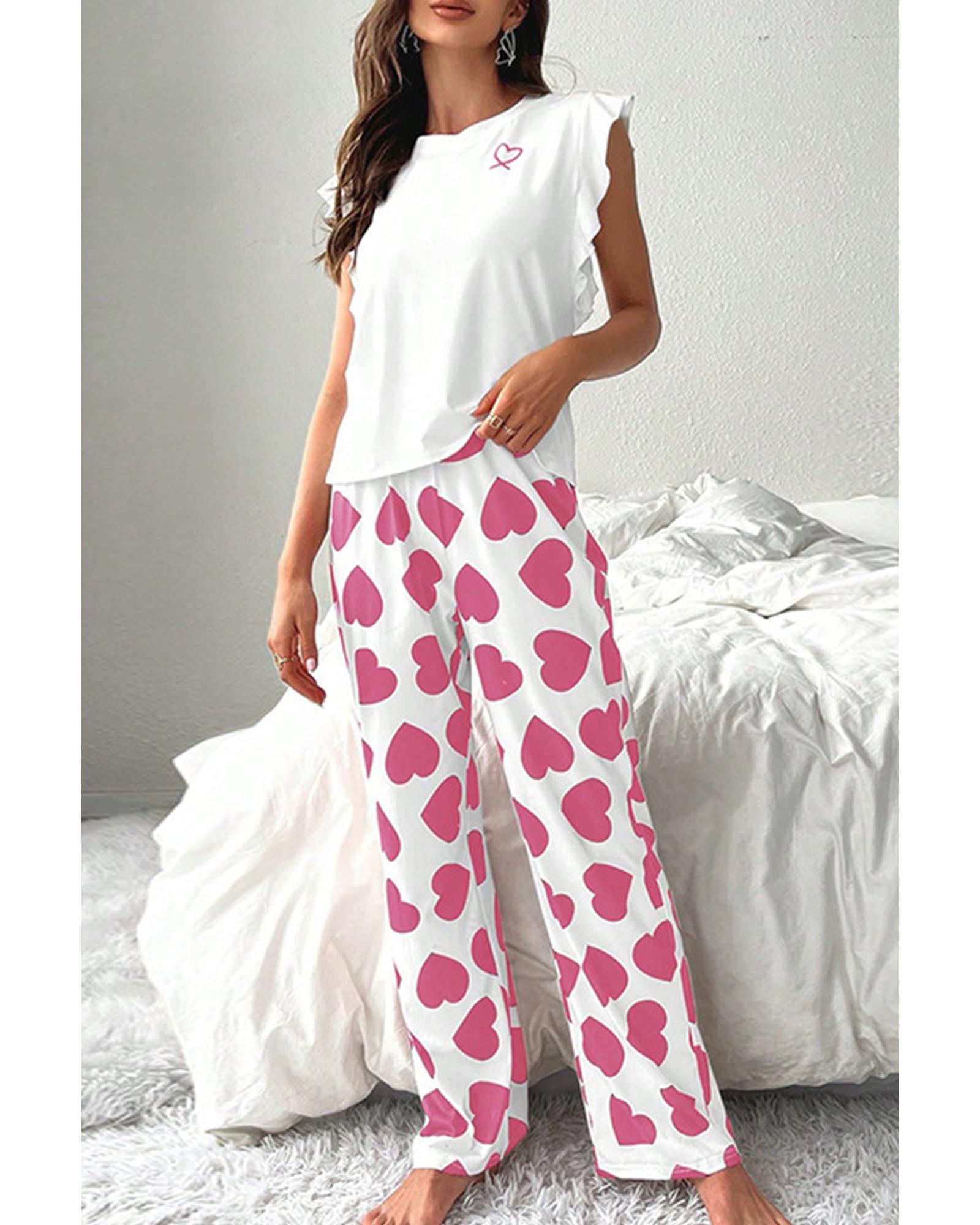 V539-AZEXDC151342-P1020-XL-202508272000-00 Pink Ruffled Tank Top And Heart Print Pants Lounge Set - XL - Image 1