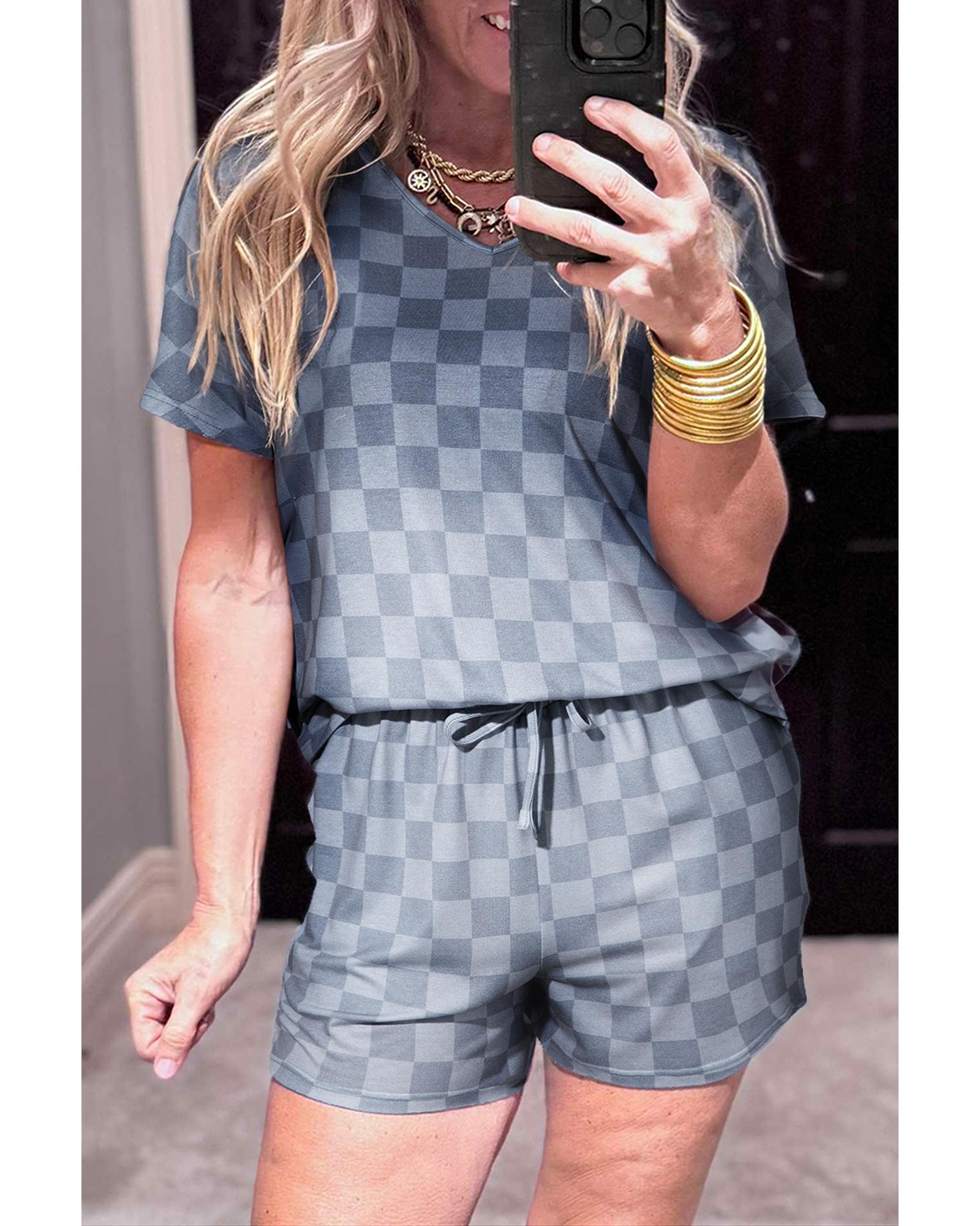 V539-AZEXDC151385-P1120-L-202508272035-00 Gray Checkered V Neck Tee Drawstring Shorts Lounge Set - L - Image 1