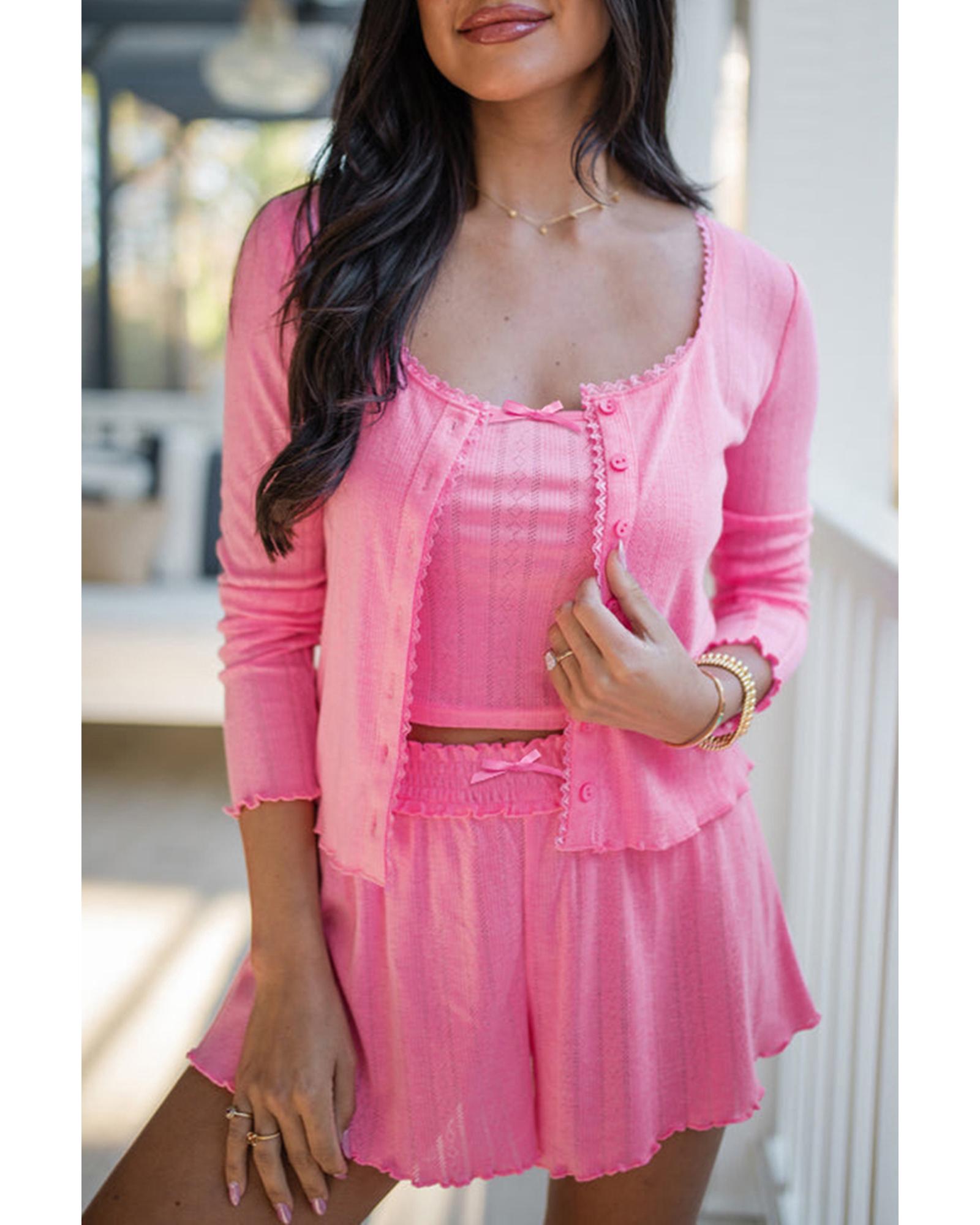 V539-AZEXDC151407-P3010-XL-202508271335-00 Bonbon Delicate Texture Cropped Cami Shorts and Cardigan 3pcs Lounge Set - XL - Image 1