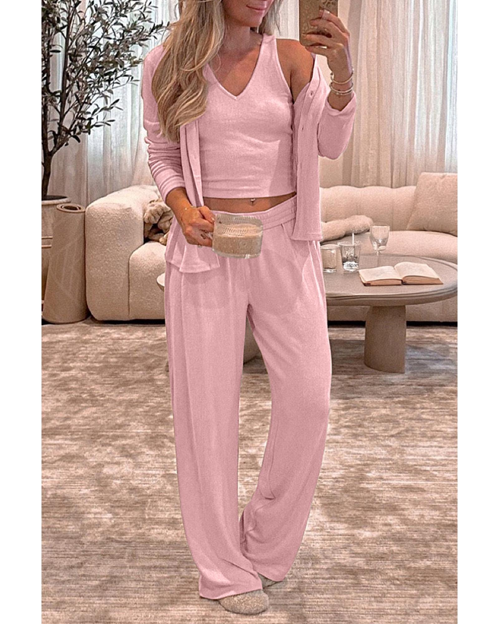 V539-AZEXDC151426-P1010-L-202508270335-00 Light Pink 3-Piece Cozy Knit Lounge Set - L - Image 1