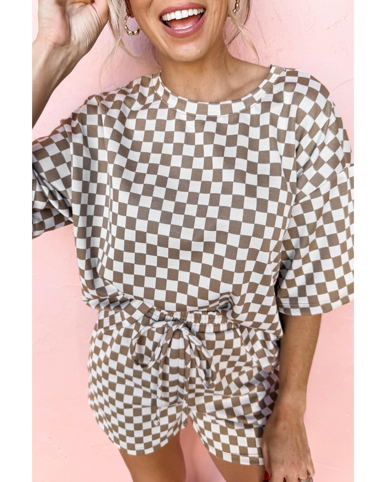 V539-AZEXDC151440-P1720-L-202508270435-00 Brown Checkered Top and Short Casual 2pcs Set - L - Image 1