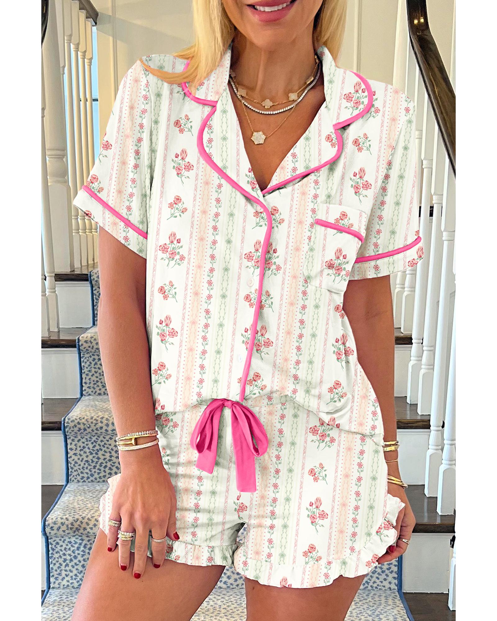 V539-AZEXDC151494-P101520-XL-202508272215-00 Beige Floral Print Contrast Pipping Short Pajamas Set - XL - Image 1