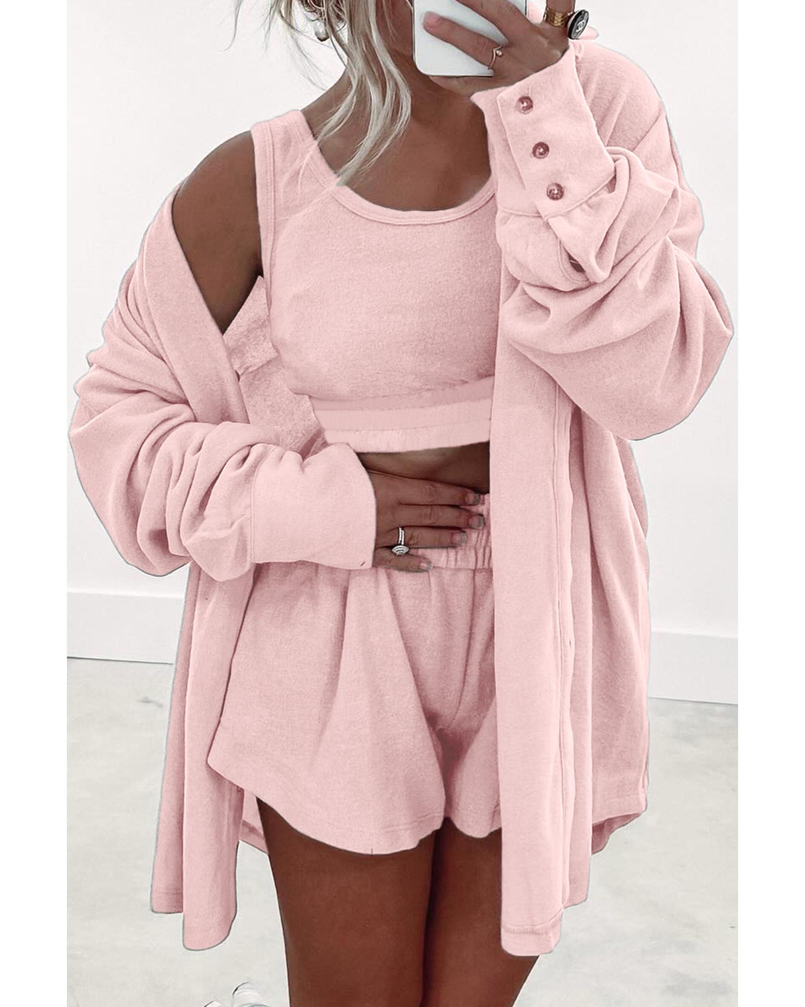 V539-AZEXDC151503-P1010-XL-202508271050-00 Light Pink 3 Pcs Crop Tank Top Shorts with Cardigan Lounge Set - XL - Image 1