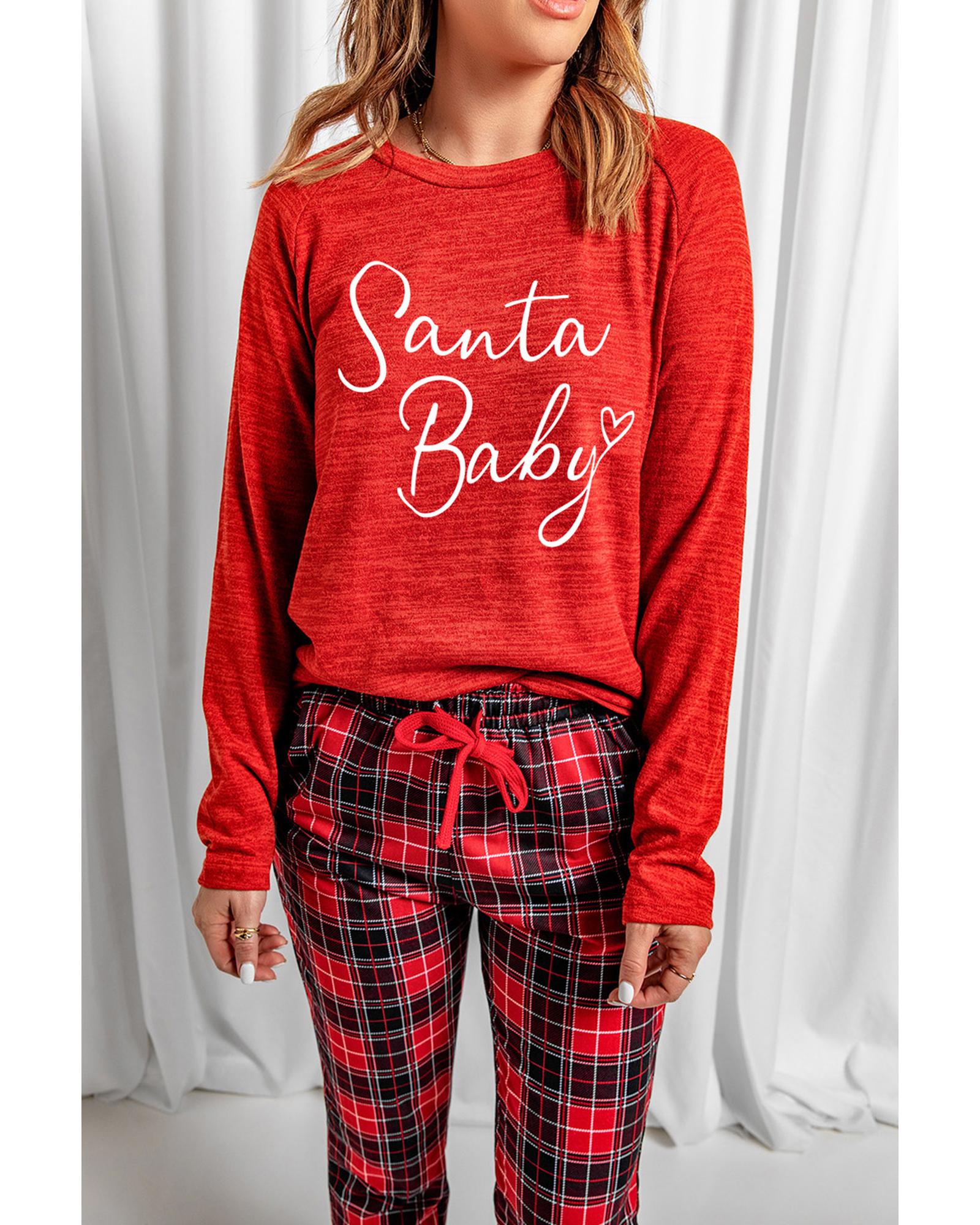 V539-AZEXDC15352-3-M-202508271435-00 Red Santa Baby Plaid Print Two Piece Pajama Set - M - Image 1