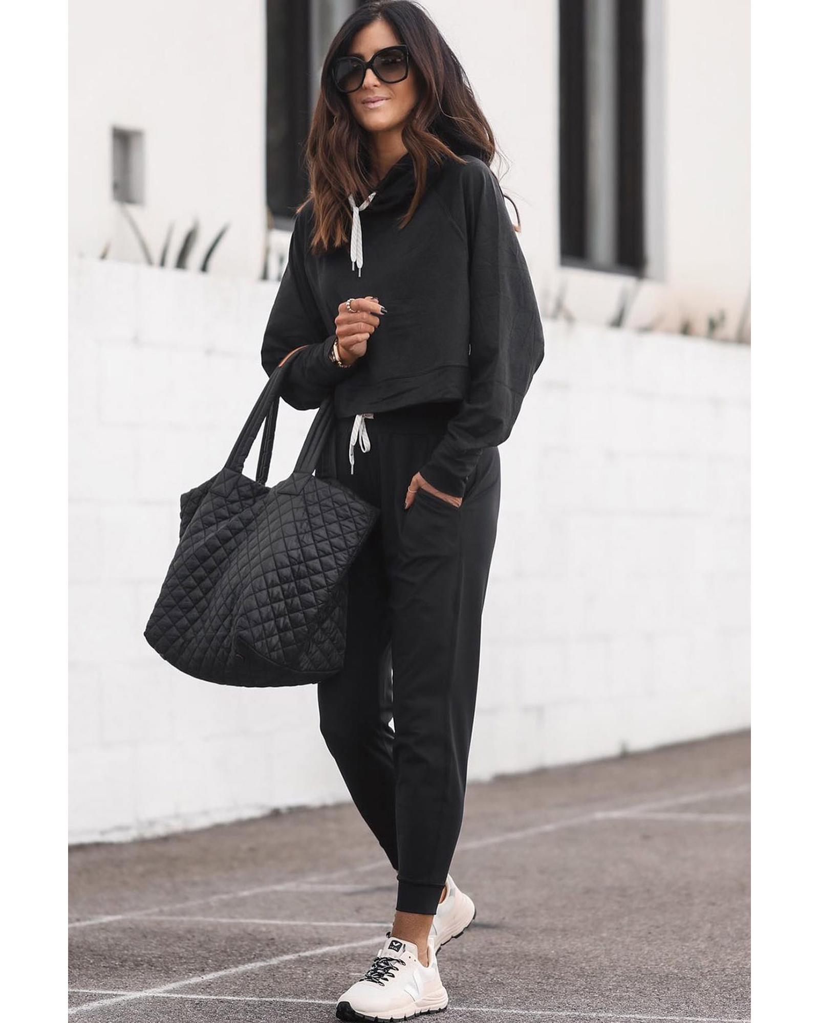V539-AZEXDC15714-P2-L-202506120121-00 Black Drawstring Hoodie and High Waist Pants Lounge Set - L - Image 1