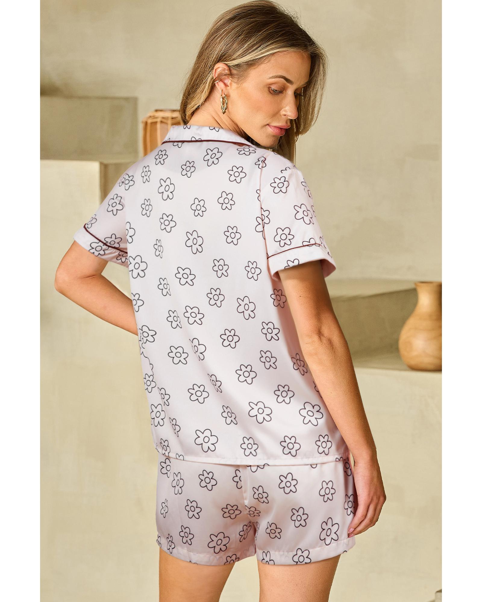 V539-AZEXDC15826-P15-XL-202508270920-00 Beige Floret Printed Pajama Shorts Set - XL - Image 1