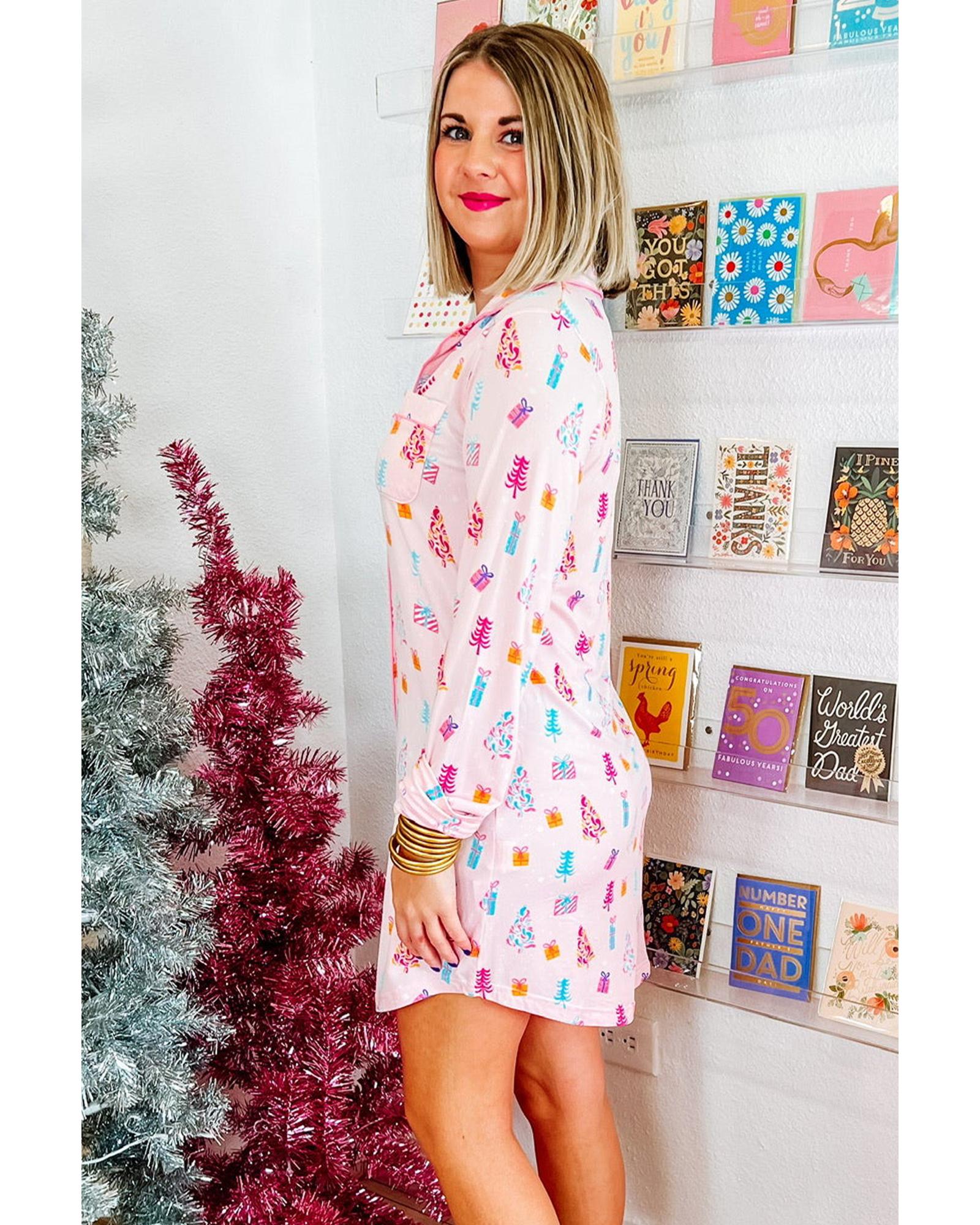 V539-AZEXDC16046-P1020-XL-202508280035-00 Pink Christmas Twinkle Tree Print Shirt Sleep Dress - XL - Image 1