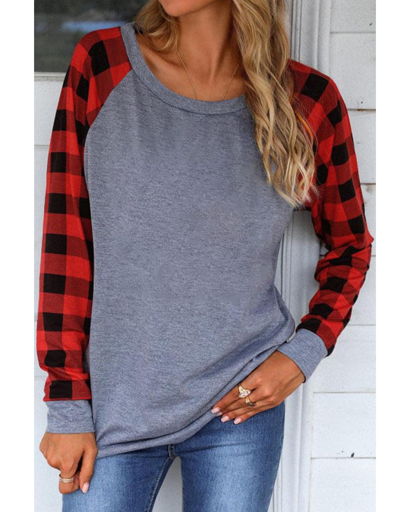 V539-AZEXDC25110971-3-M-202508261140-00 Azura Exchange Raglan Plaid Long Sleeve Top - M - Image 1