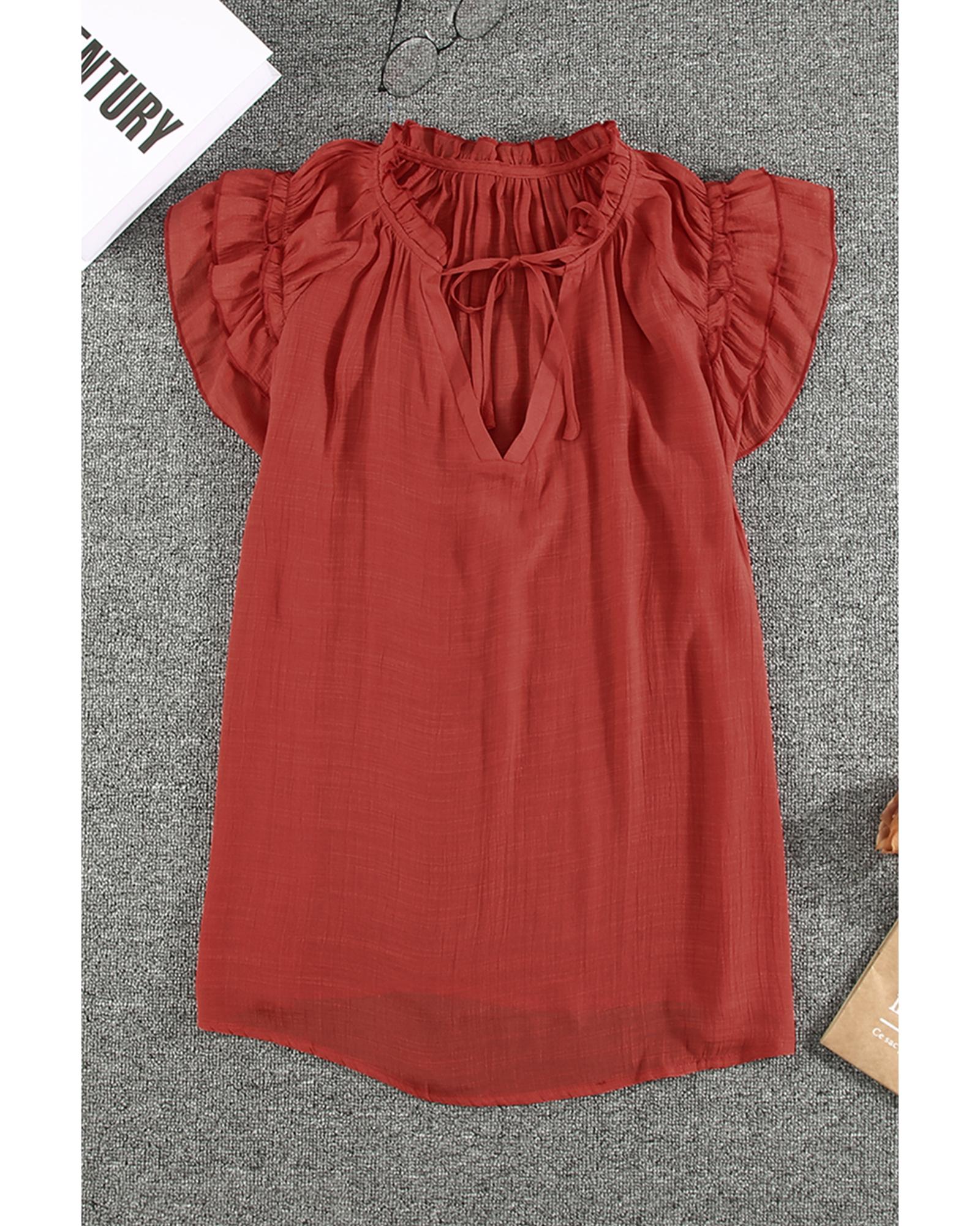 V539-AZEXDC25112789-3-S-202508290920-00 Azura Exchange Tiered Ruffled Drawstring V Neck Top - S - Image 1