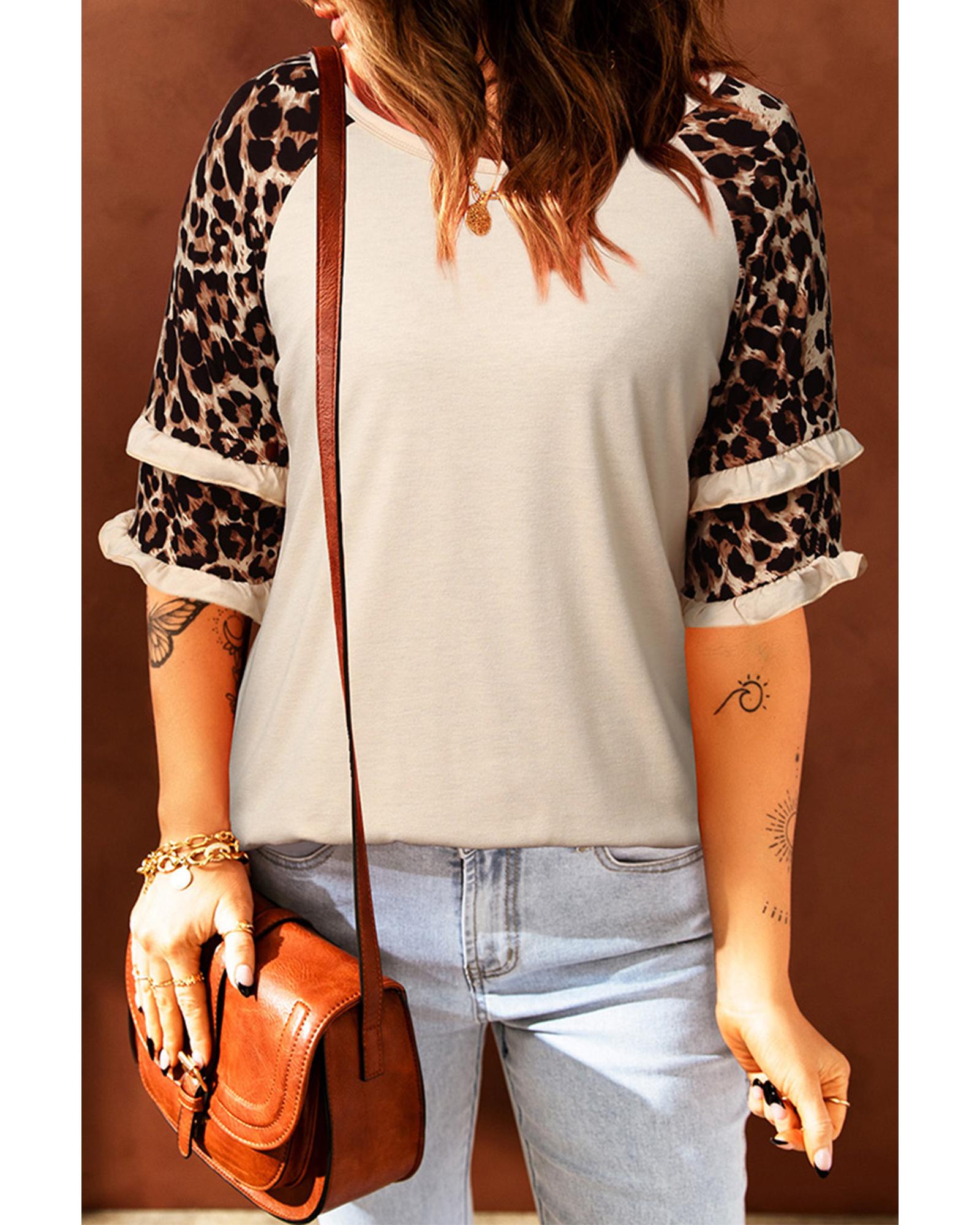 V539-AZEXDC25113271-18-M-202508261930-00 Azura Exchange Leopard Patchwork Ruffled Sleeve Top - M - Image 1