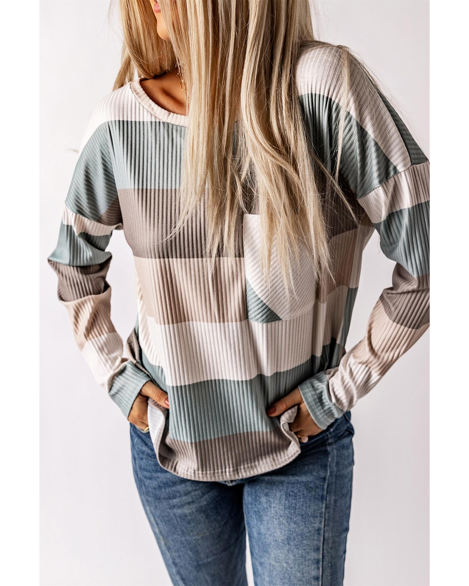 V539-AZEXDC25115134-9-L-202508261035-00 Azura Exchange Ribbed Color Block Long Sleeve Top with Pocket - L - Image 1