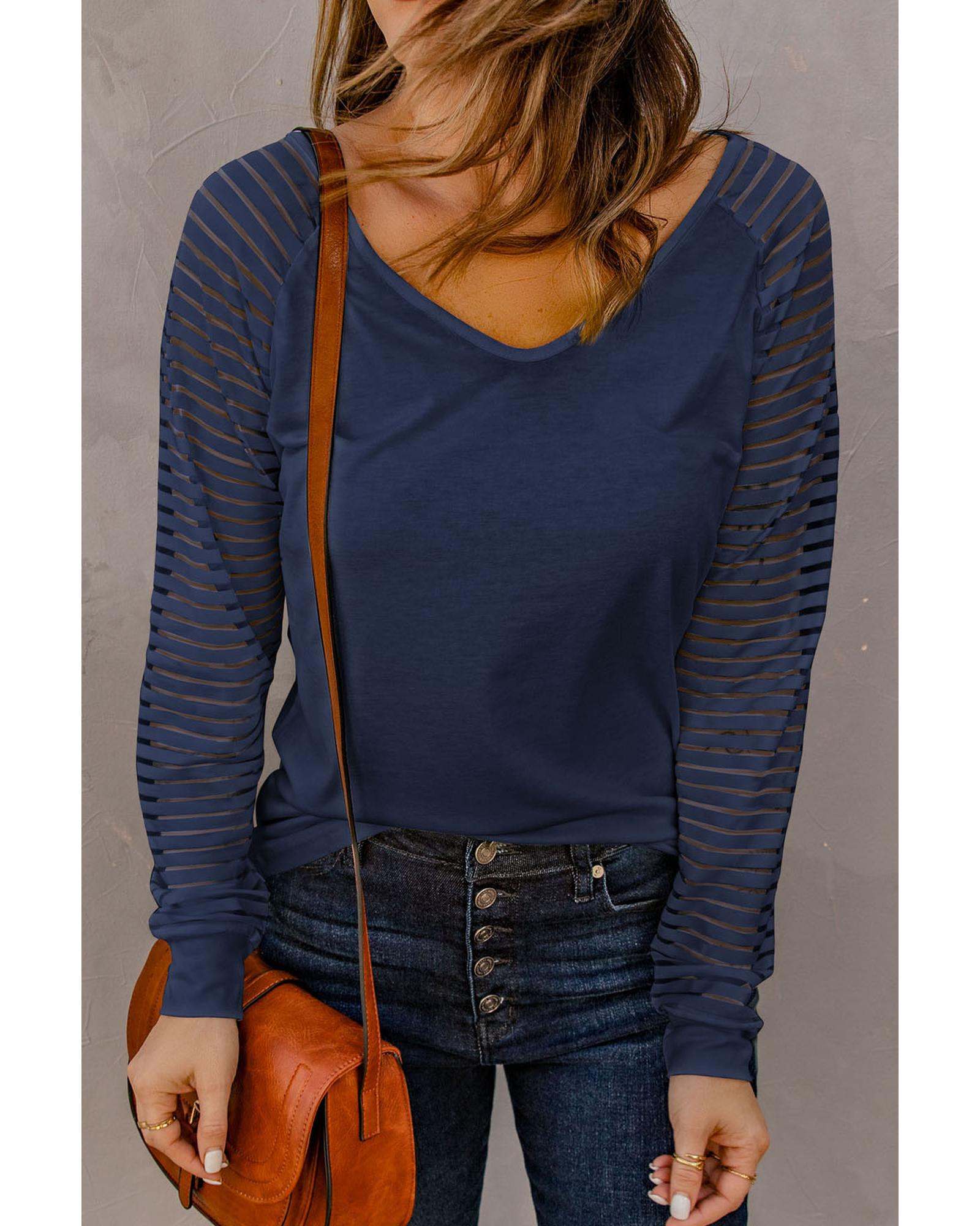 V539-AZEXDC2511547-5-M-202508271530-00 Blue Sheer Stripe V-Neck Top - M - Image 1