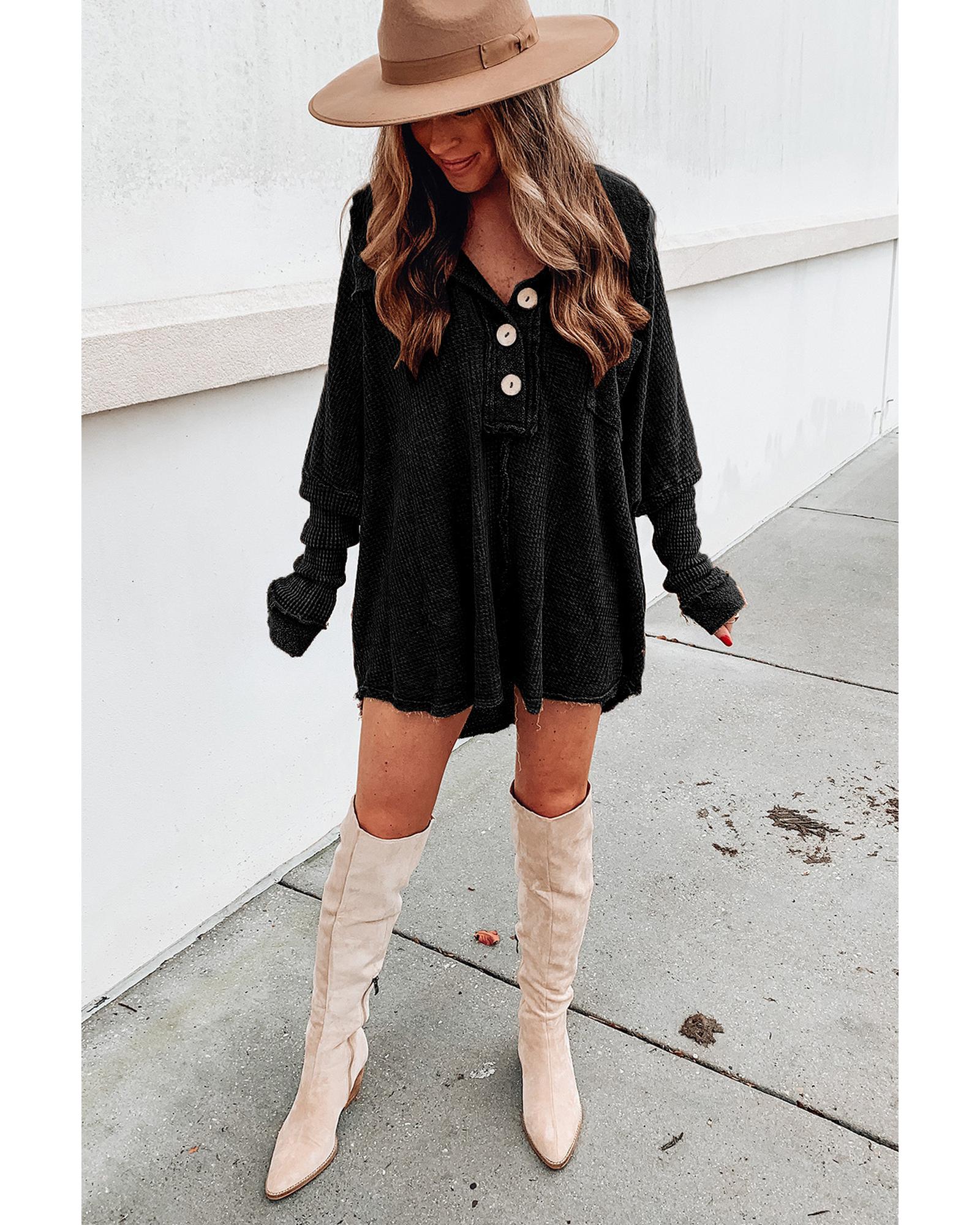 V539-AZEXDC25116605-2-M-202508290730-00 Azura Exchange Buttoned Waffle Knit Long Sleeve Top - M - Image 1