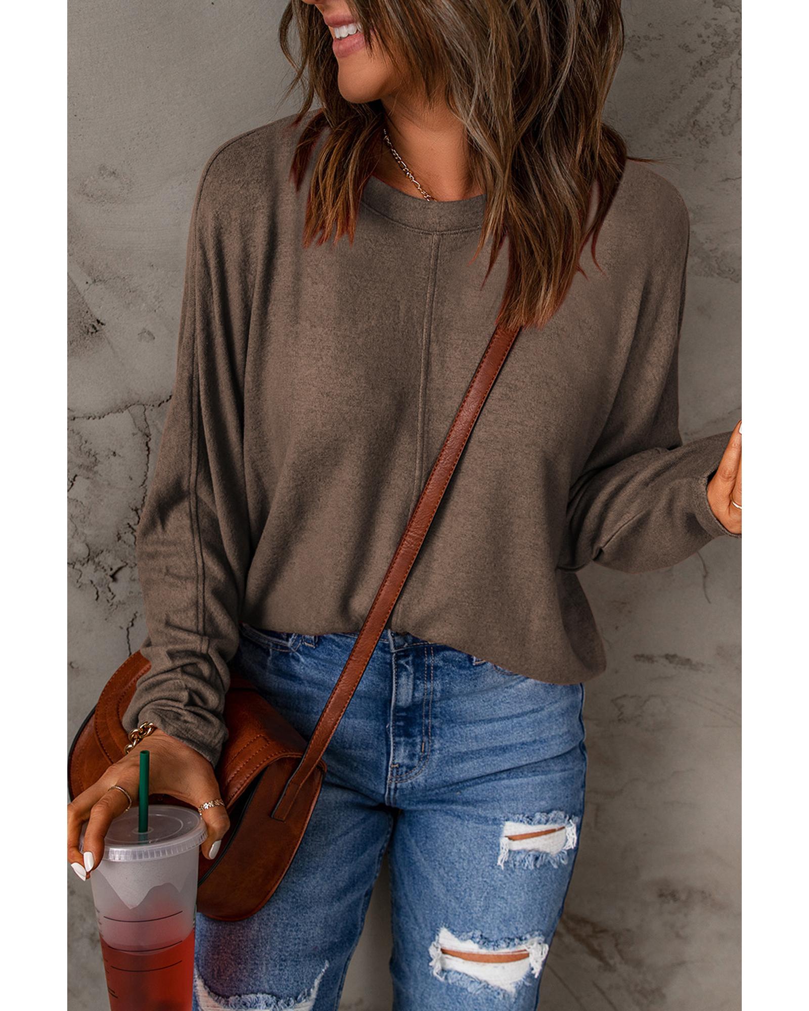 V539-AZEXDC25116809-17-XL-202508271935-00 Brown Fiery Solid Color Patchwork Long Sleeve Top - XL - Image 1