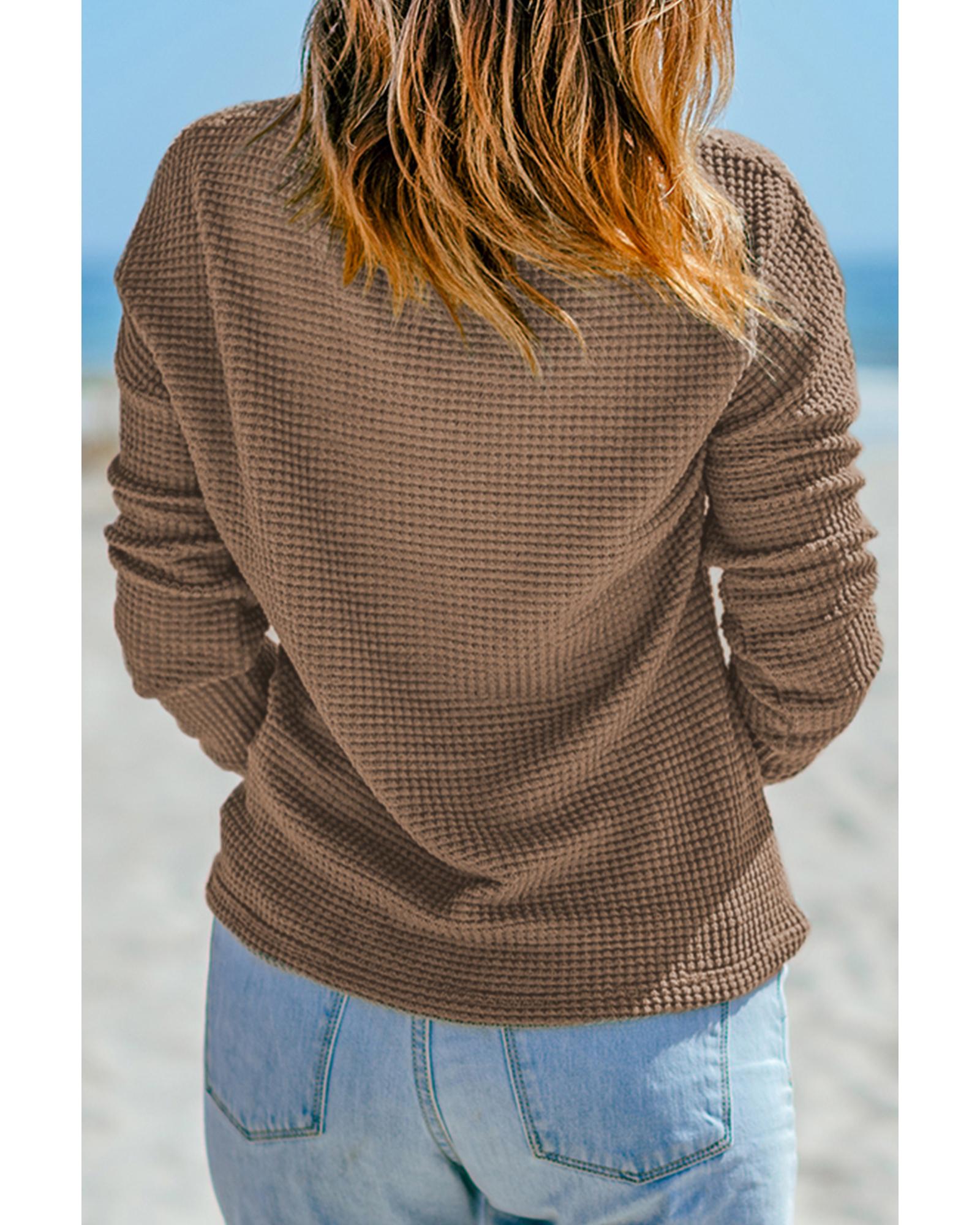 V539-AZEXDC25117020-P5017-XXL-202508271040-00 Dark Brown Waffle Knit Drop Shoulder Long Sleeve Top - 2XL - Image 1